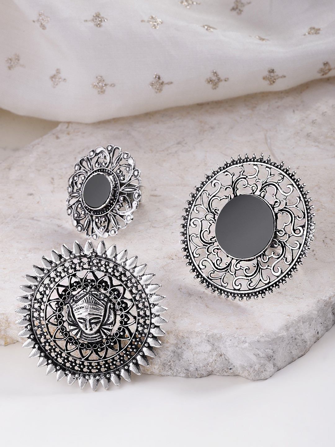 YouBella Set of 3 Oxidised Silver-Plated Afgan Adjustable Finger Rings