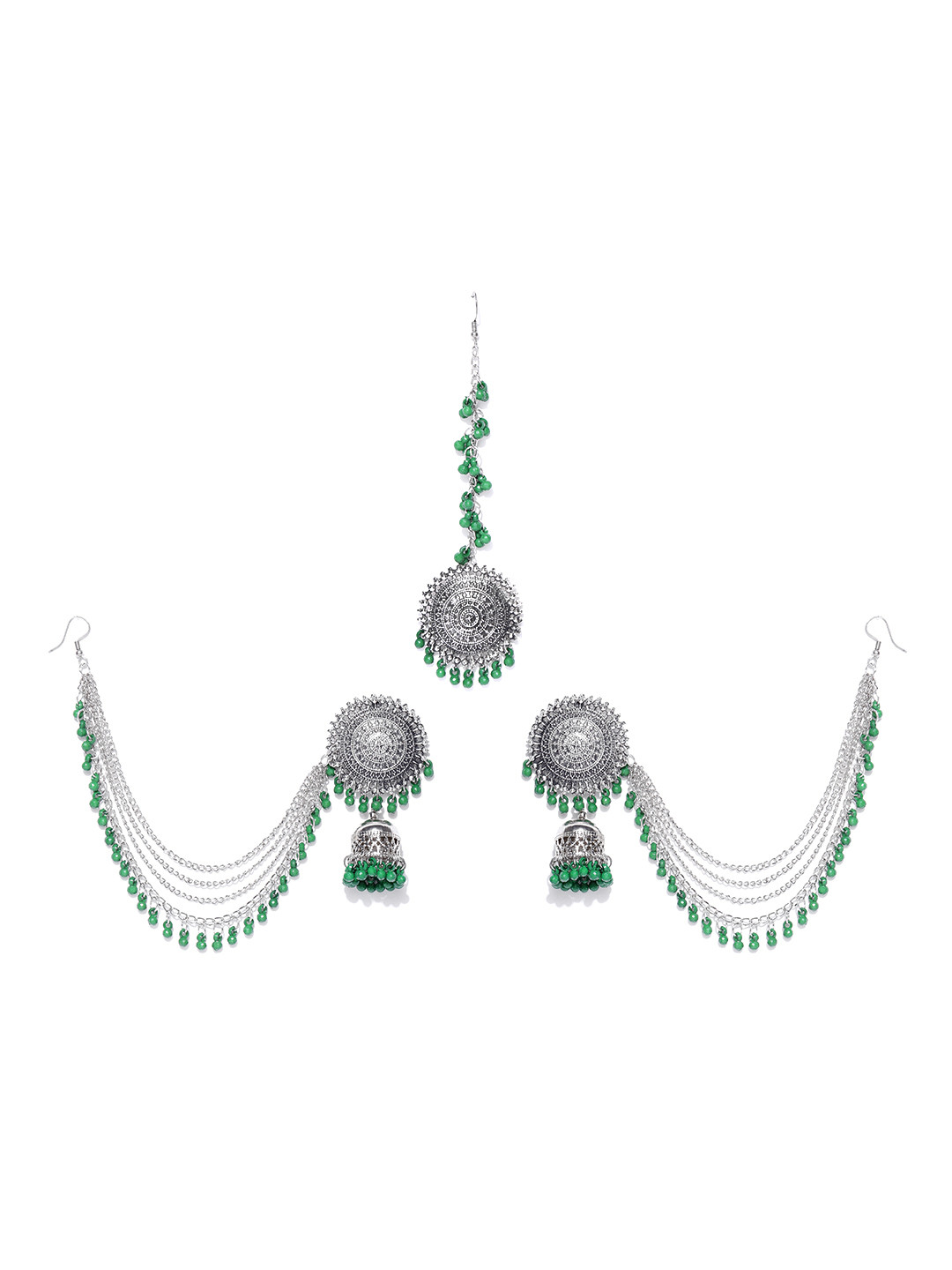 YouBella Green Oxidised Silver-Plated Beaded Jewellery Set