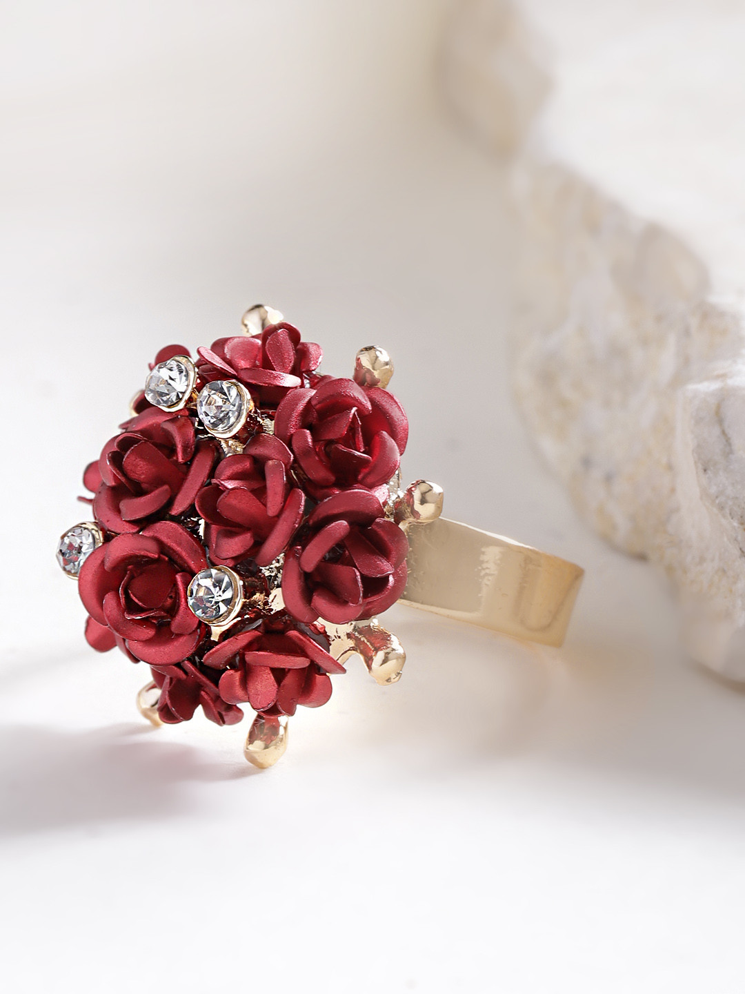 YouBella Red Gold-Plated Stone-Studded Floral Adjustable Finger Ring