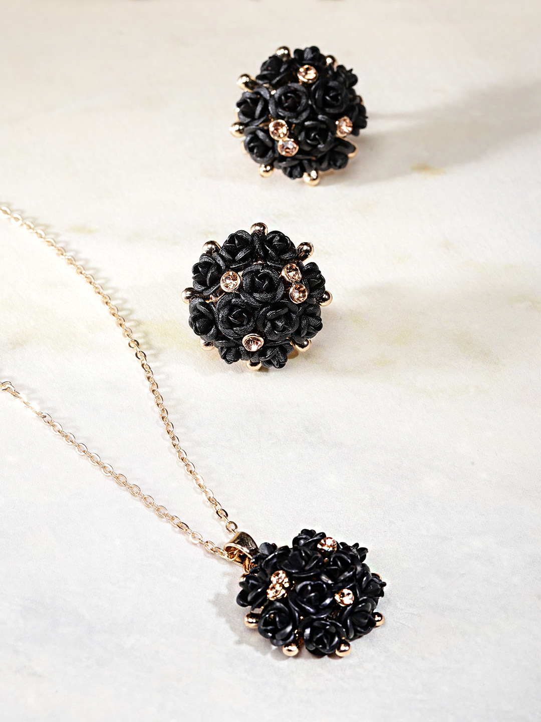YouBella Black Gold-Plated Stone-Studded Floral Shaped Jewellery Set