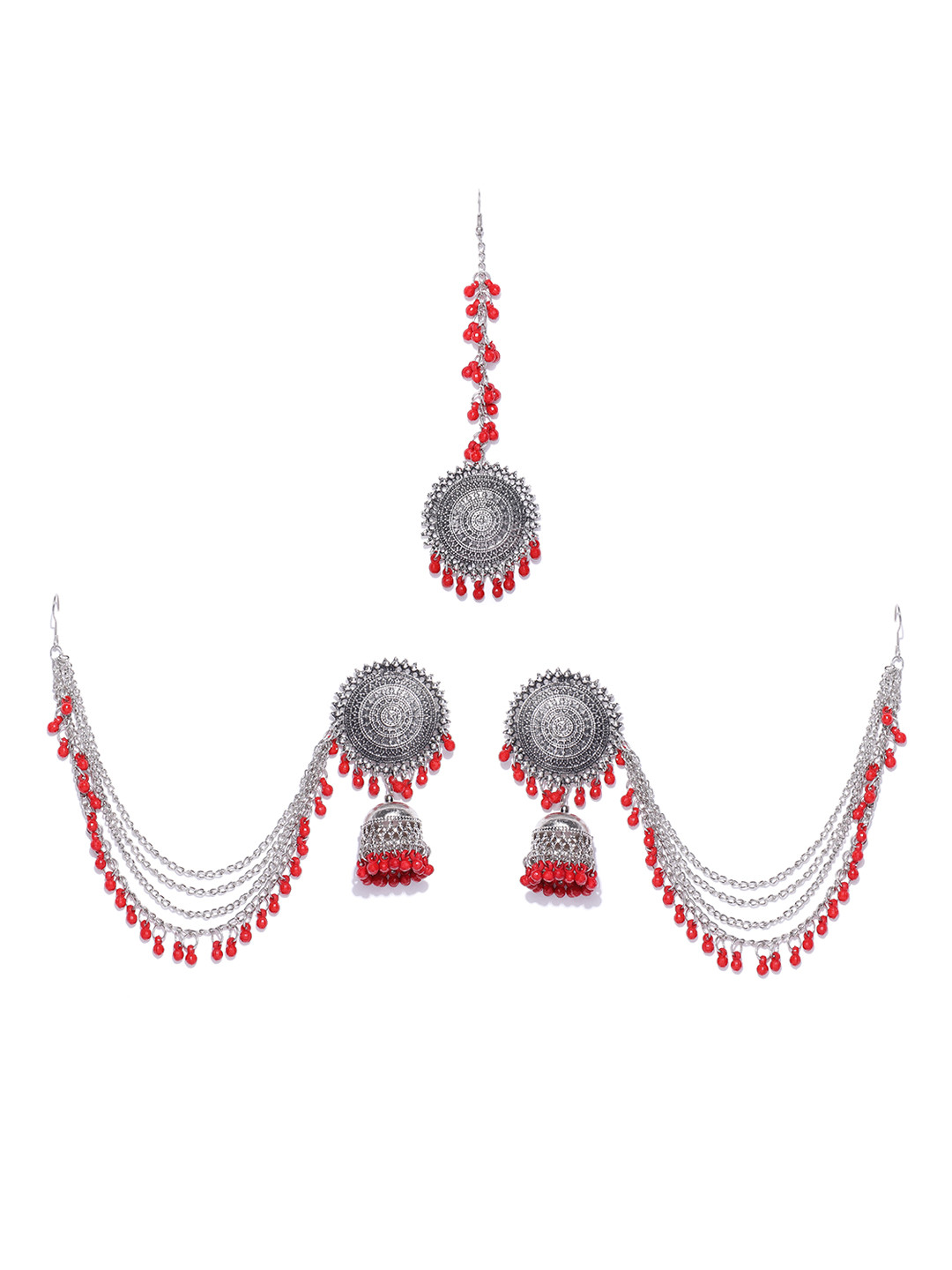 YouBella Red Oxidised Silver-Plated Beaded Jewellery Set