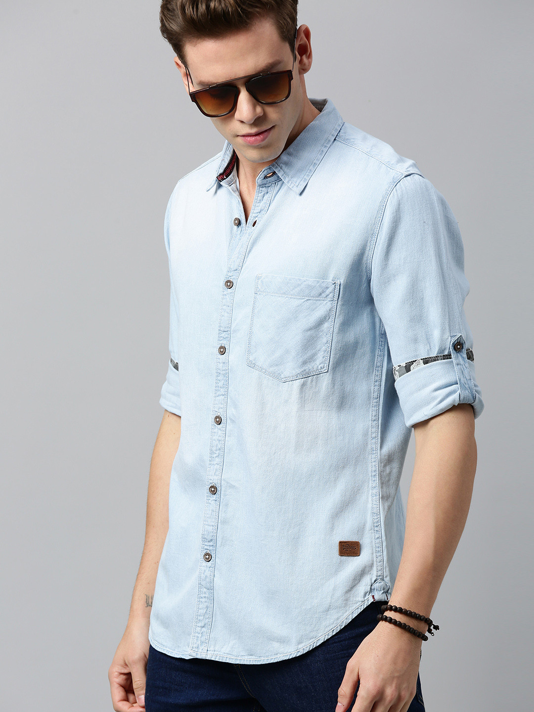 Roadster Men Blue Regular Fit Faded Casual Chambray Shirt