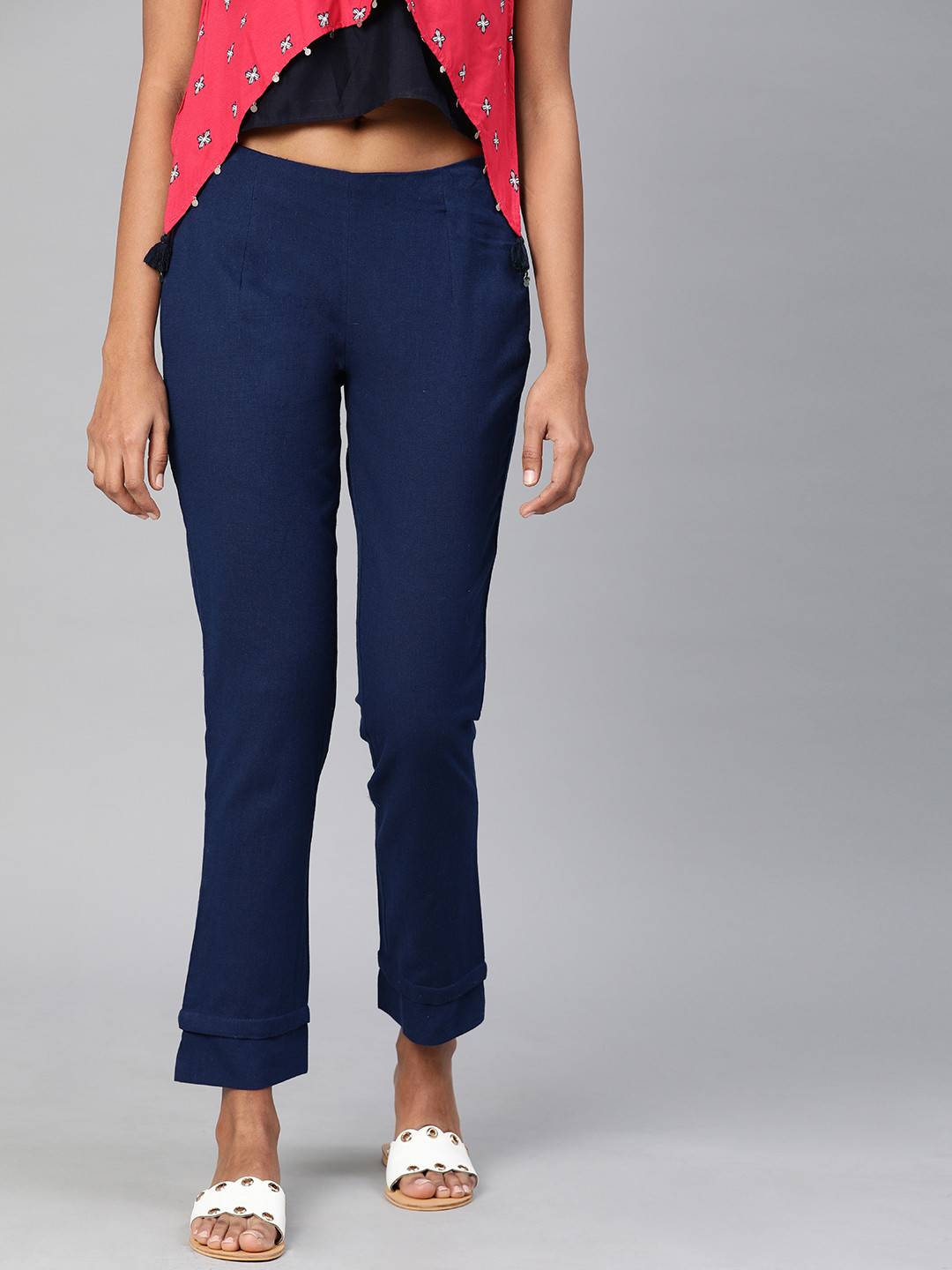 Divena Women Navy Blue Straight Fit Solid Regular Khadi Trousers