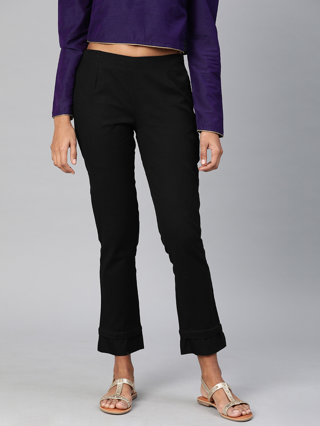 Divena Women Black Straight Fit Solid Regular Khadi Trousers