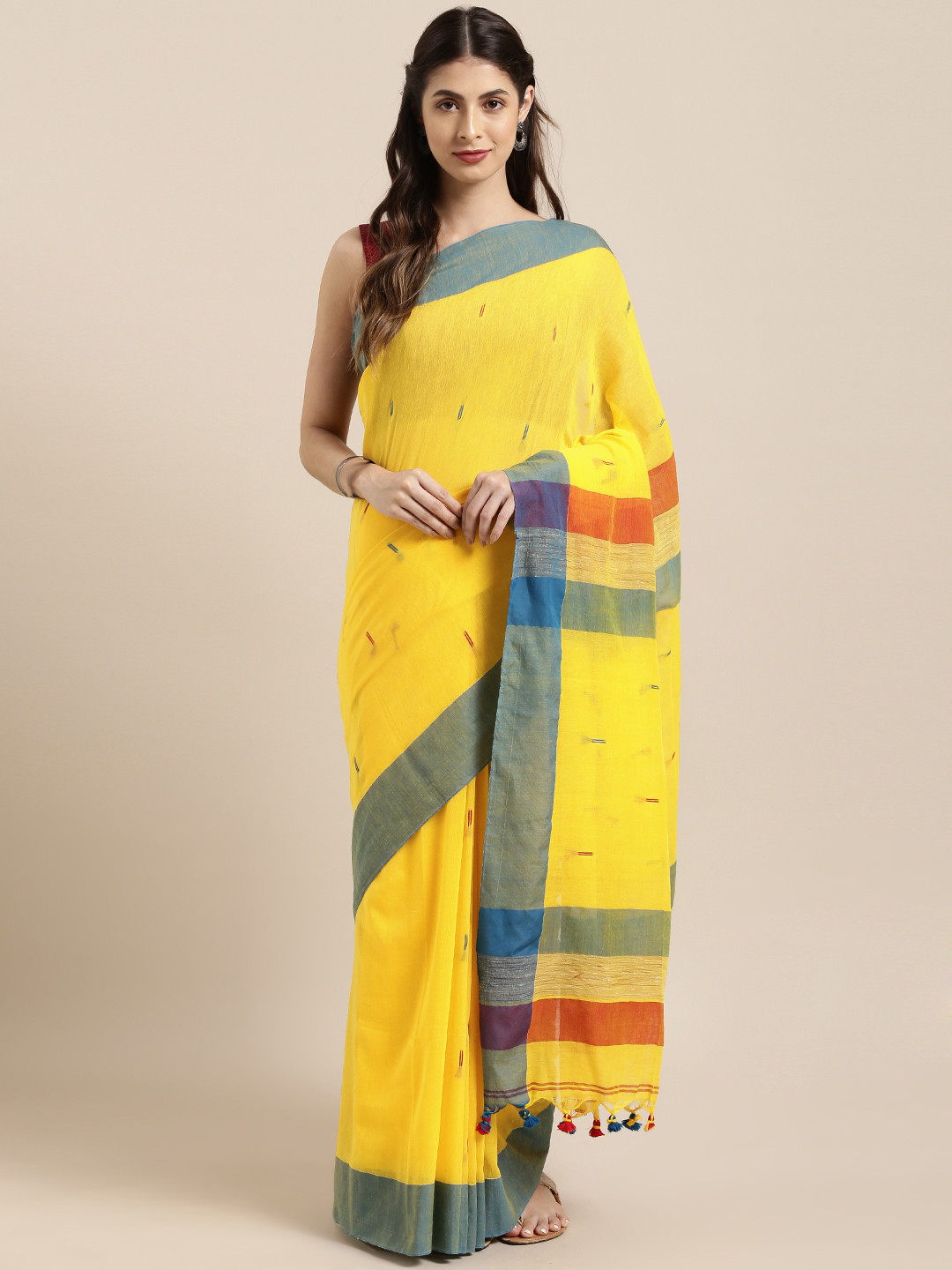 Mitera Yellow & Blue Pure Cotton Woven Design Khadi Saree