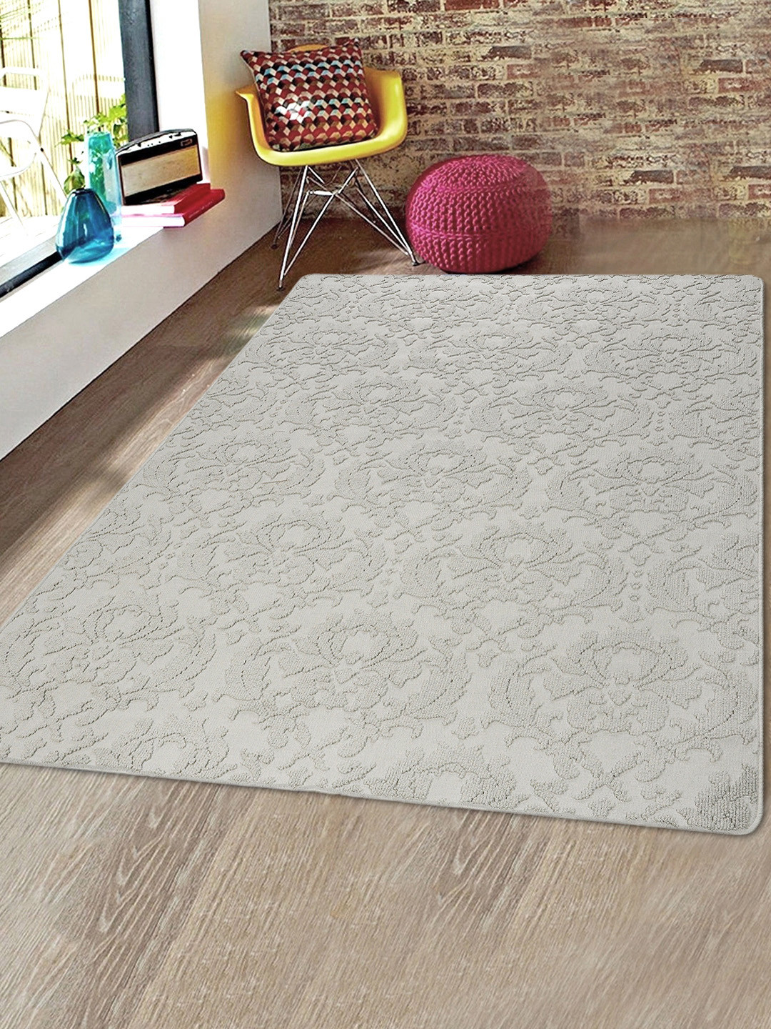 Saral Home Grey Floral Microfiber Patterned Anti-Skid Carpet