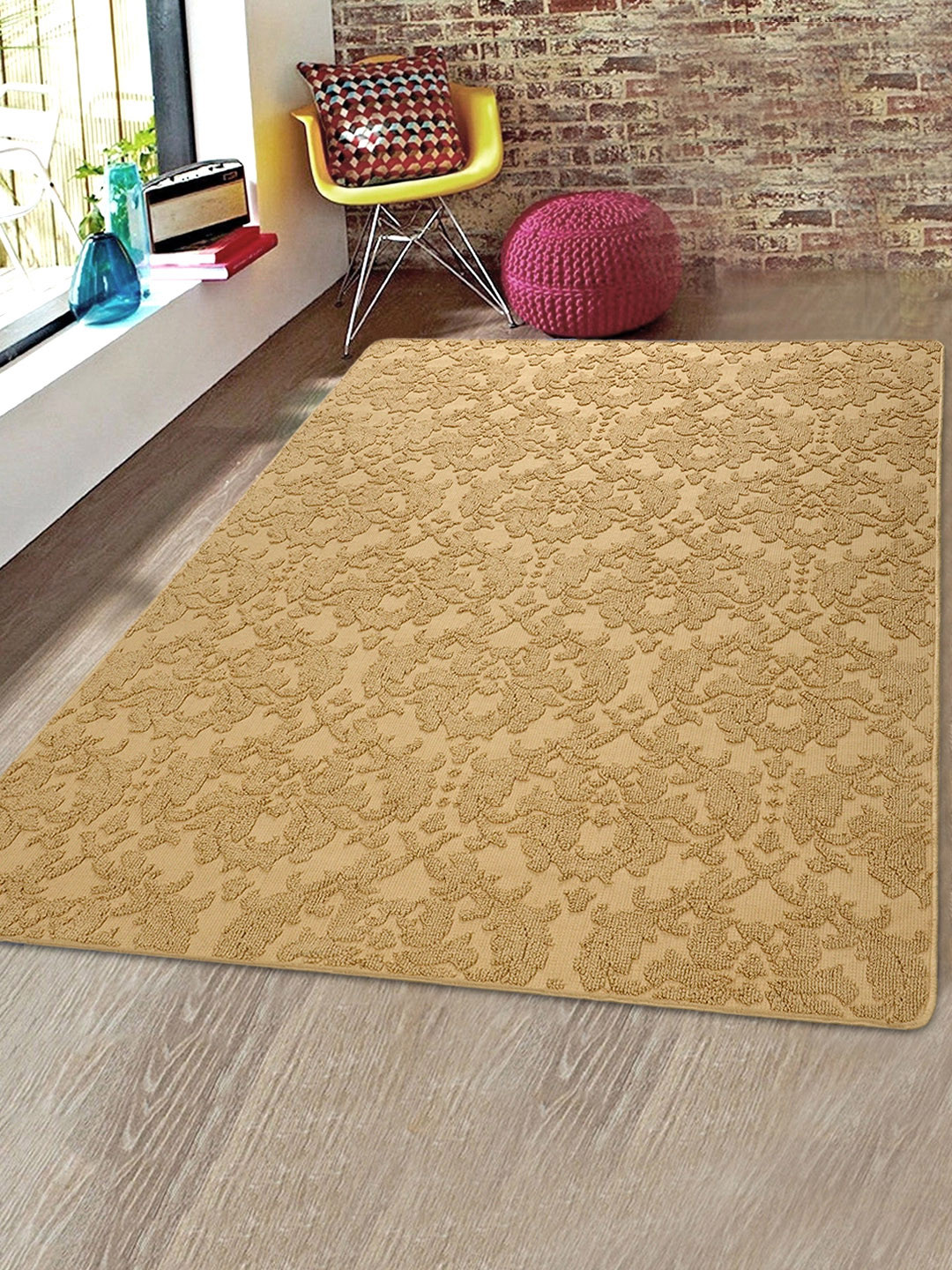 Saral Home Beige Floral Patterned Microfiber Anti-Skid Carpet