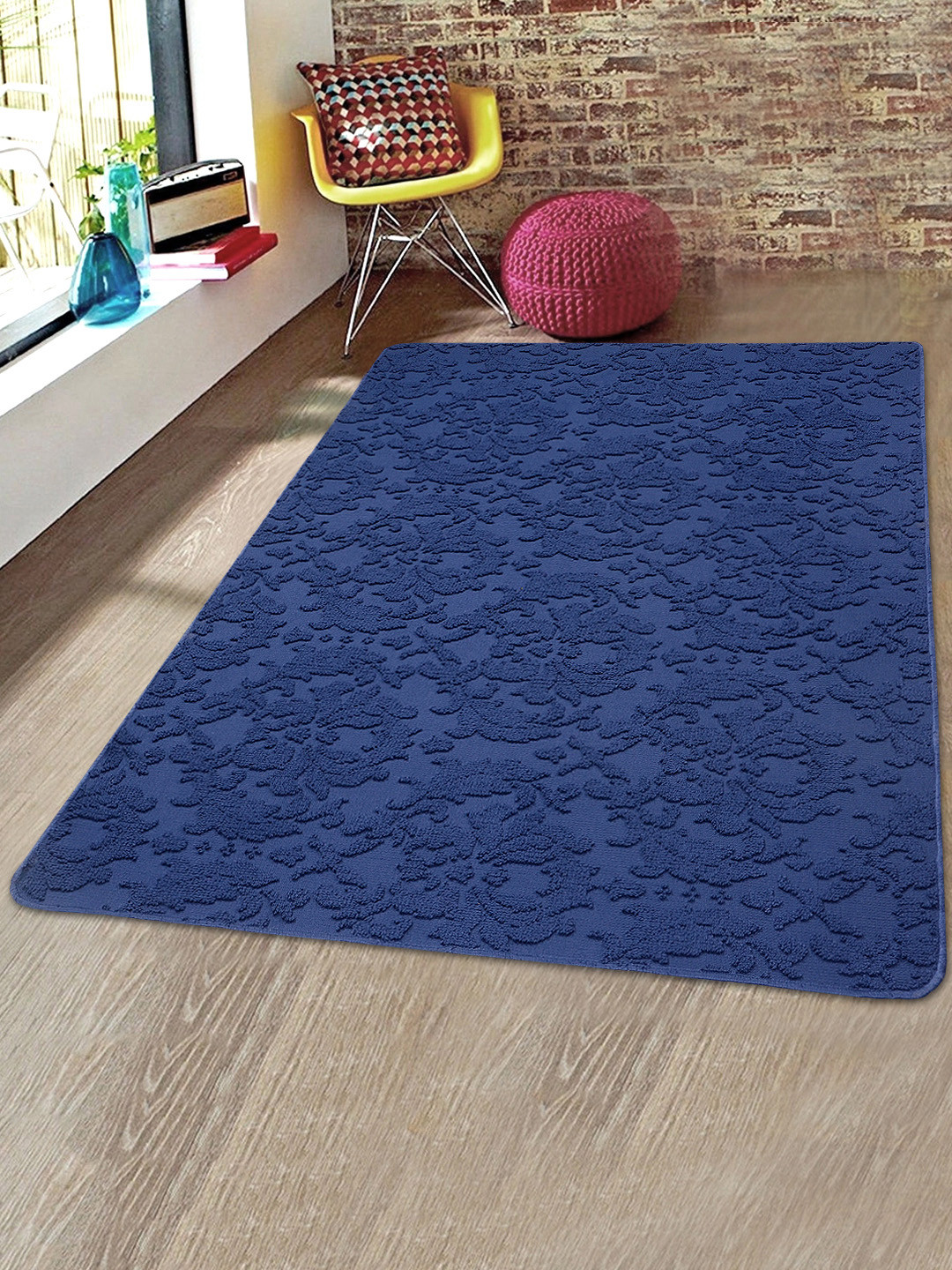 Saral Home Blue Floral Patterned Microfiber Anti-Skid Carpet