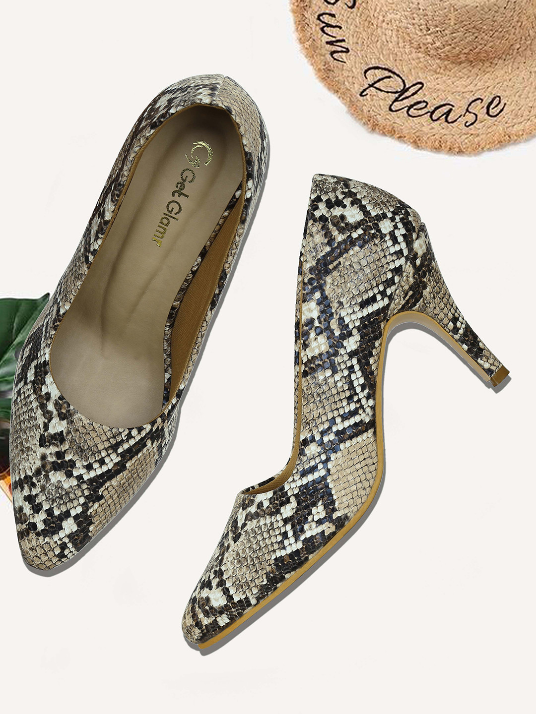 Get Glamr Women Beige & Black Textured Pumps