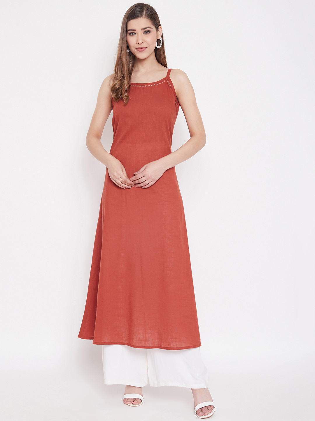 TJORI Women Rust Orange Handcrafted Solid A-Line Kurta