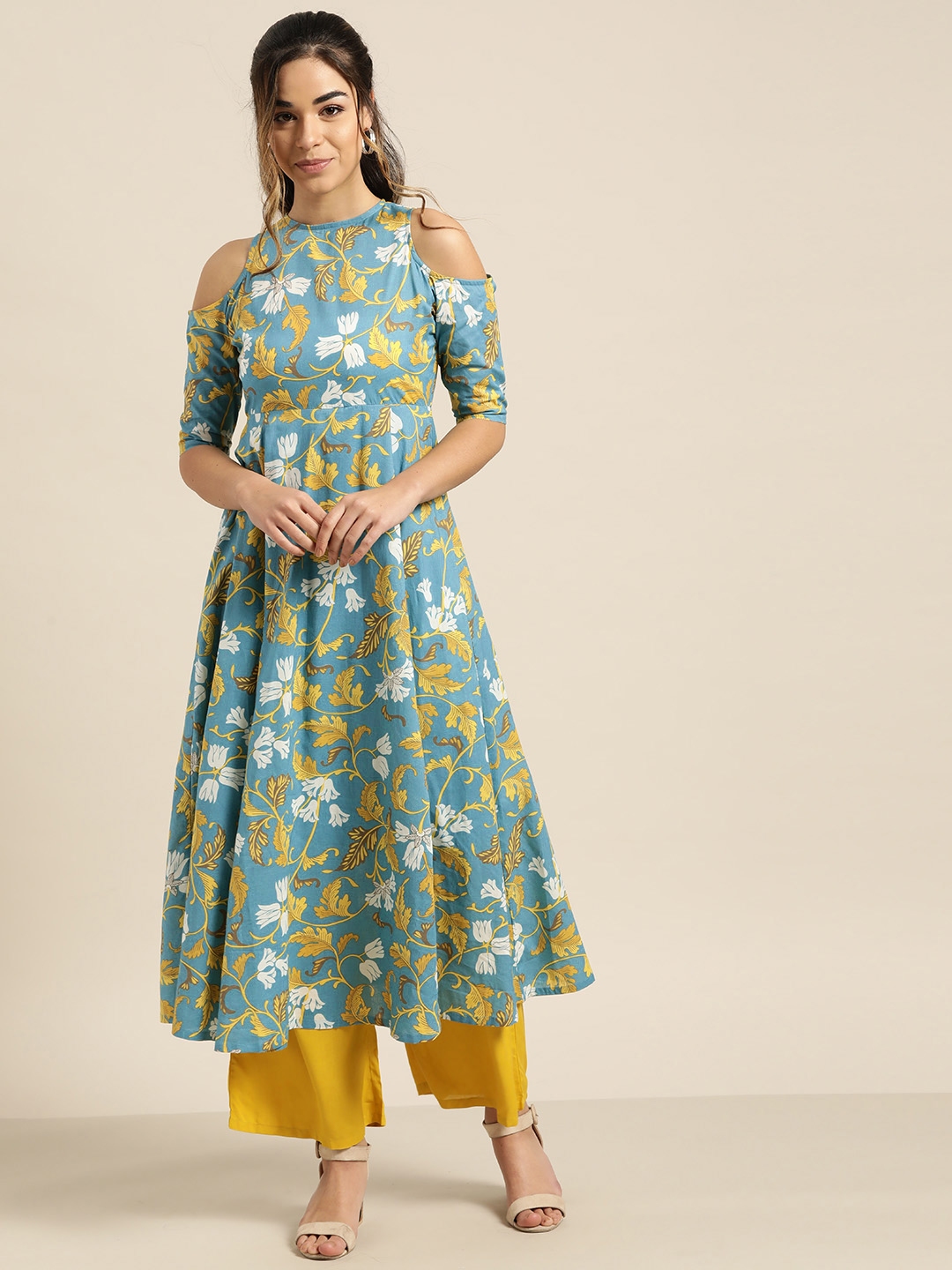 Shae By SASSAFRAS Women Blue & Mustard Yellow Printed Off Shoulder Anarkali Kurta - Kurtas for Women 11349844 | Myntra