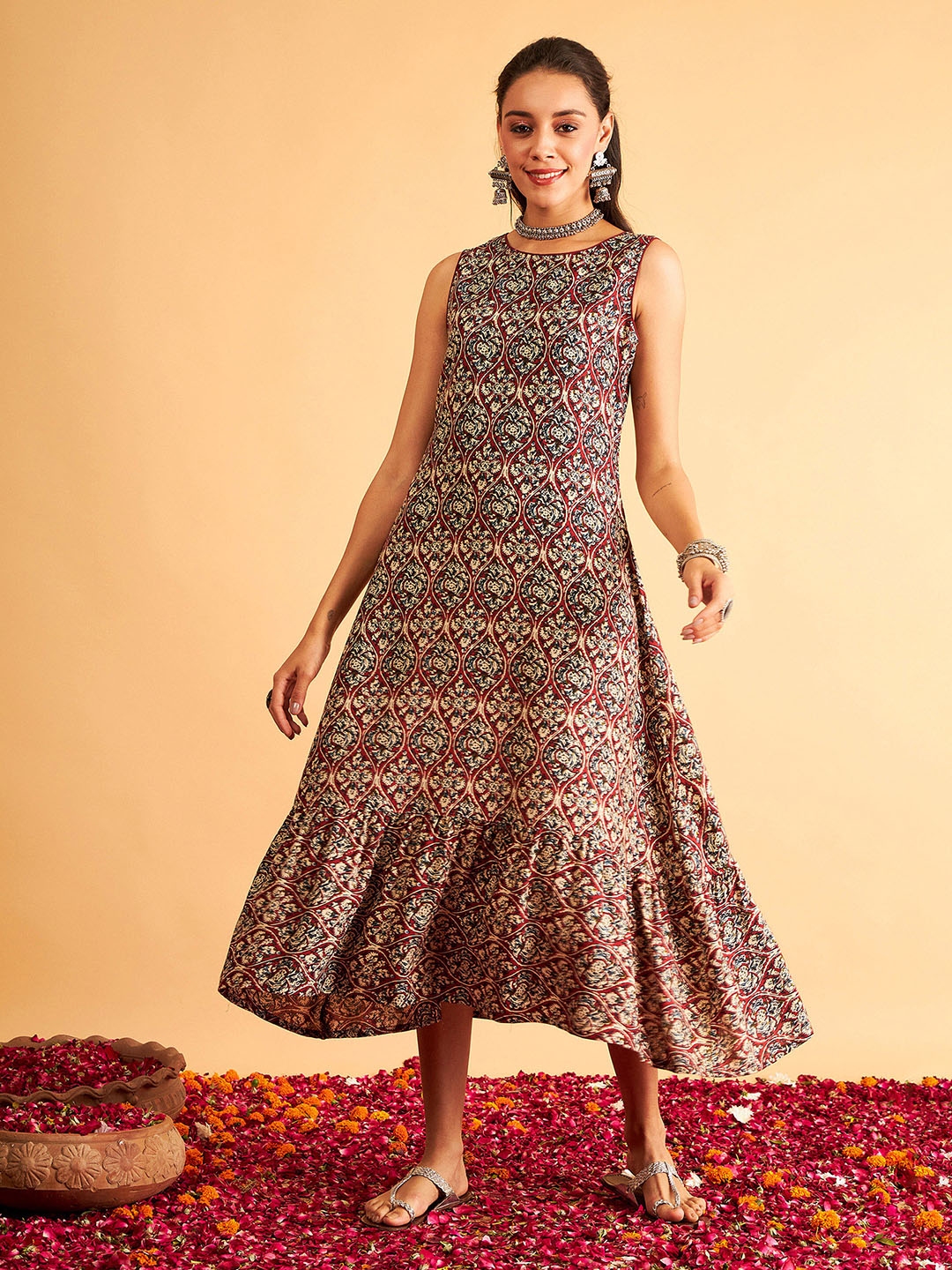Shae by SASSAFRAS Women Beige & Maroon Printed A-Line Maxi Dress