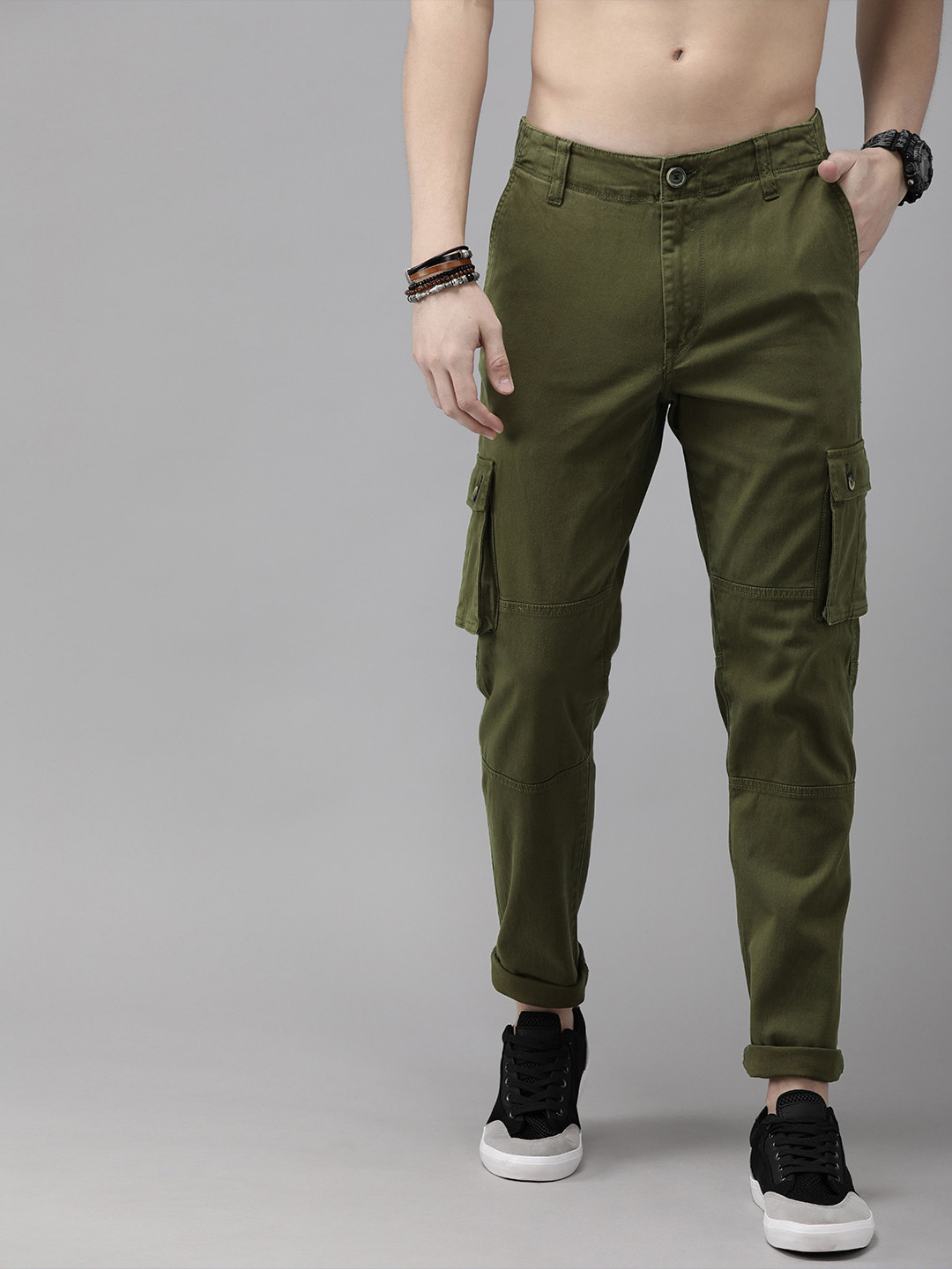 Roadster Men Olive Green Regular Fit Solid Cargos