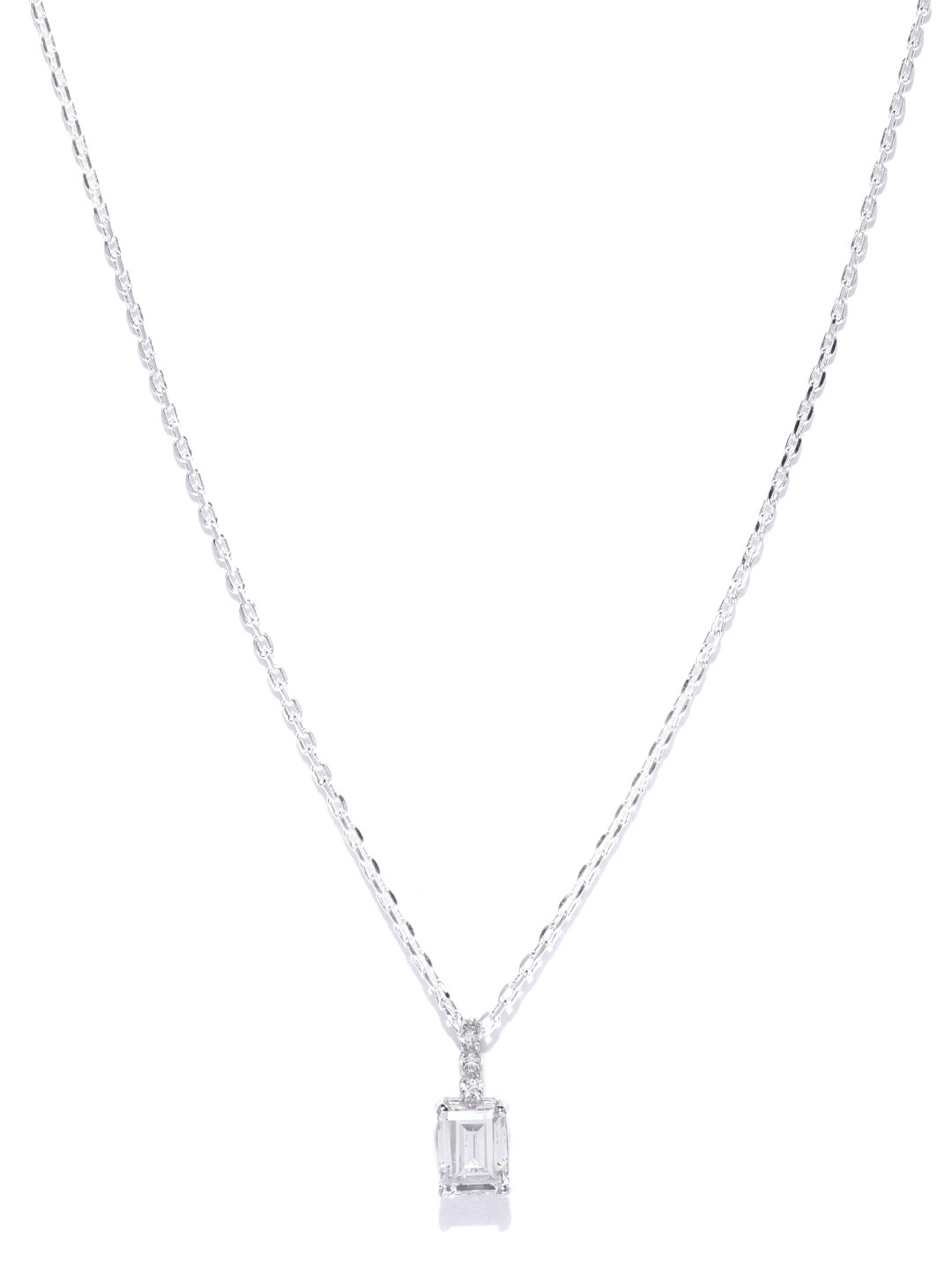 Clara Women 92.5 Sterling Silver Rhodium Plated CZ-Studded Rectangular Pendant with Chain
