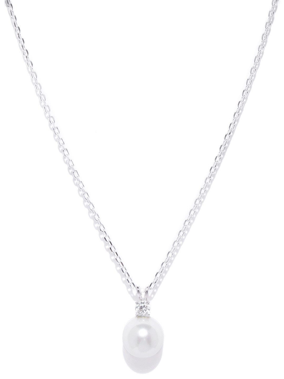 Clara Women White 92.5 Sterling Silver Rhodium-Plated CZ & Pearl Pendant With Chain