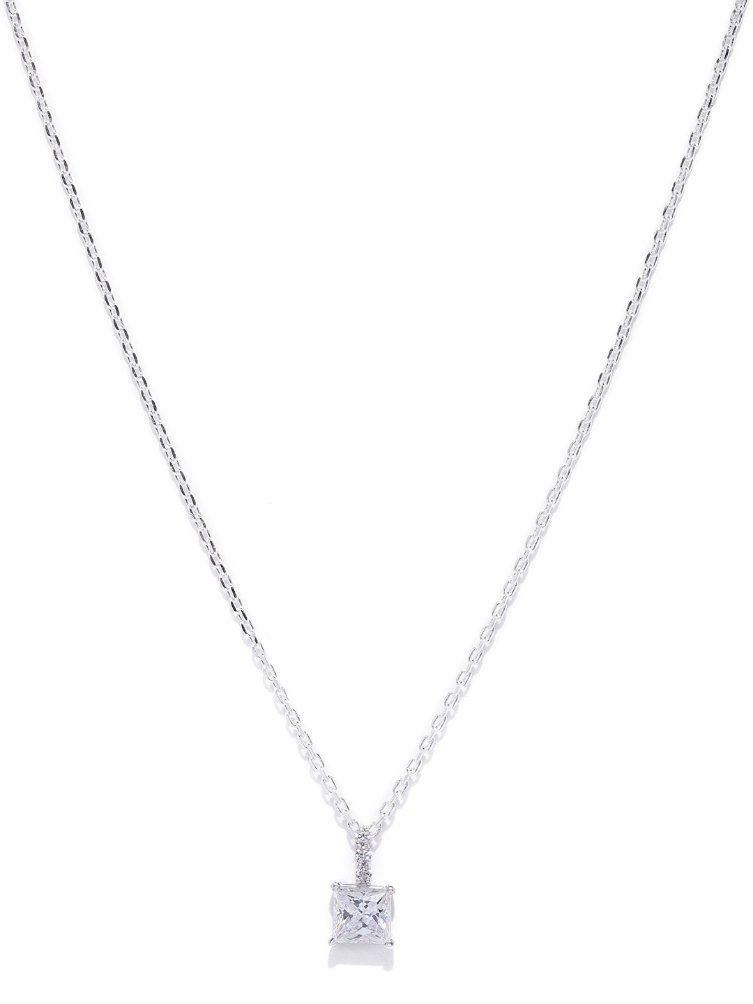 Clara 92.5 Sterling Silver Rhodium-Plated CZ-Studded Square Pendant With Chain