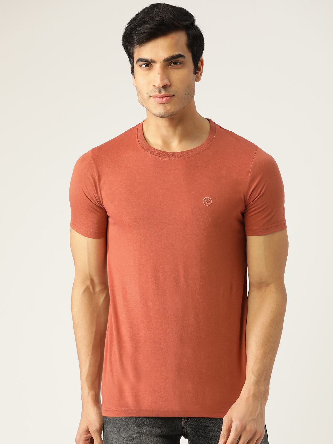 Chkokko Men Rust Orange Solid Round Neck T-shirt
