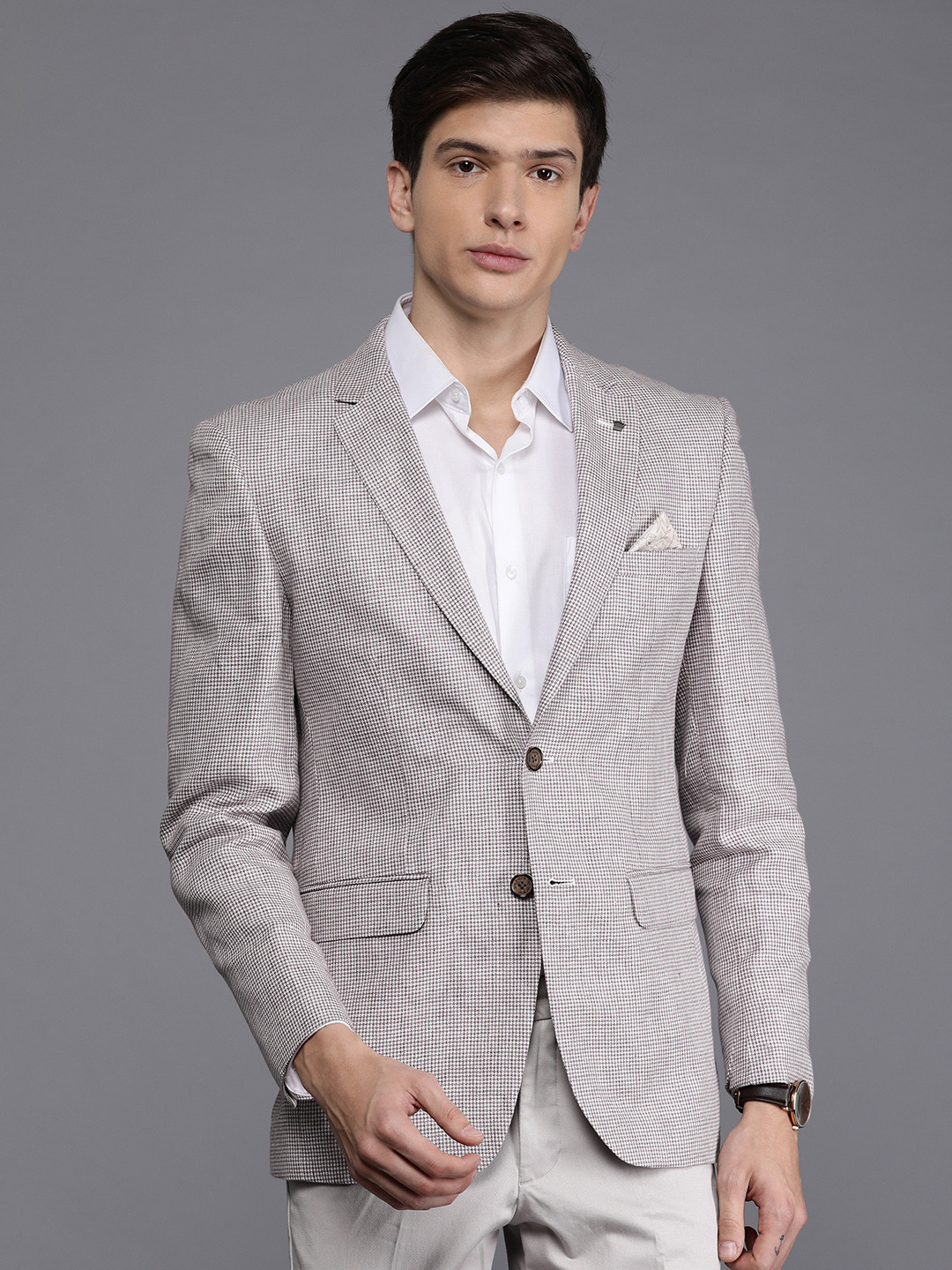 Louis Philippe Men Purple & Off-White Self Design Slim Fit Single-Breasted Linen Blazer