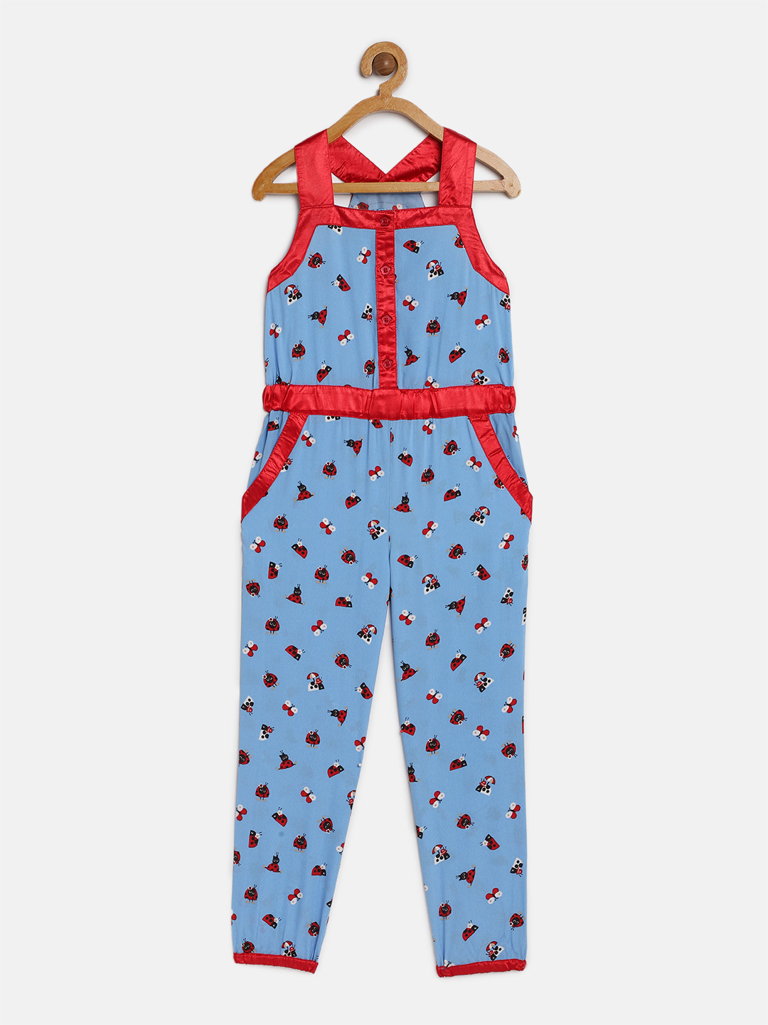 Nauti Nati Girls Blue & Red Printed Basic Jumpsuit