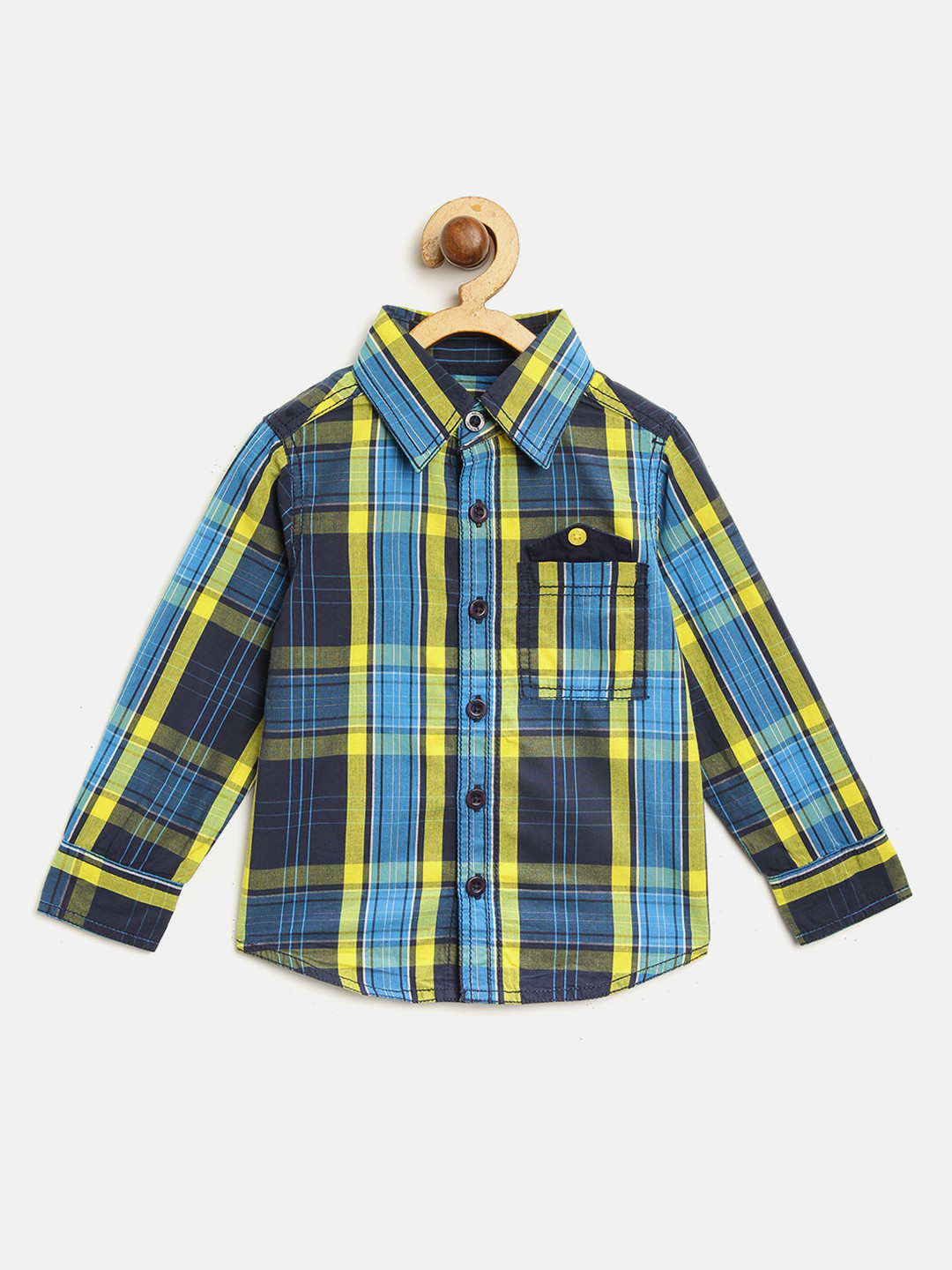 Nauti Nati Boys Navy Blue & Yellow Regular Fit Checked Casual Shirt