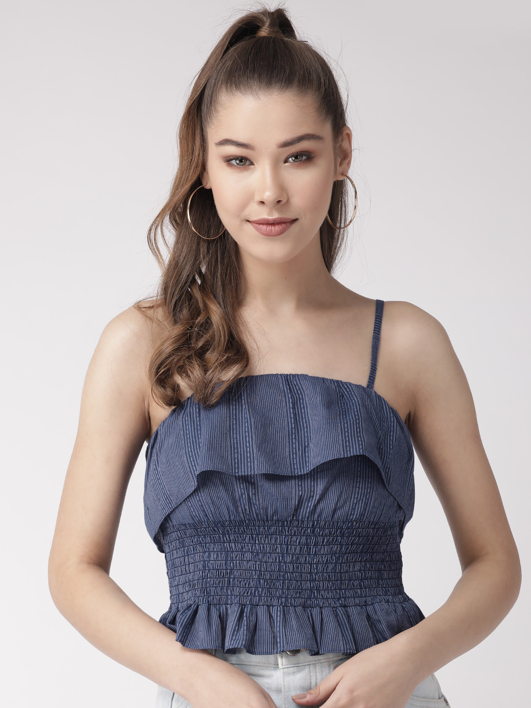 20Dresses Women Navy Blue & White Striped Fitted Crop Pure Cotton Top