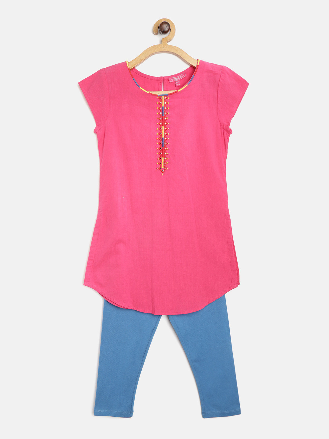 Biba Girls Pink Solid Straight Pure Cotton Kurta with Leggings