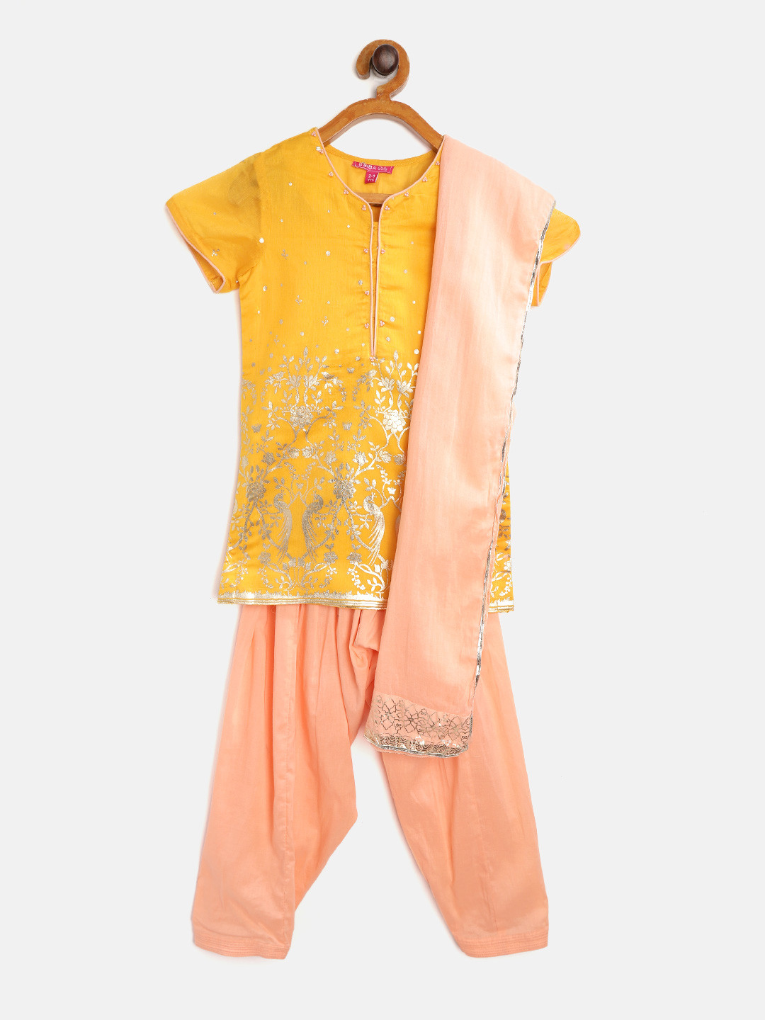 Biba Girls Mustard Yellow & Golden Ethnic Motifs Print Kurta with Salwar & Dupatta