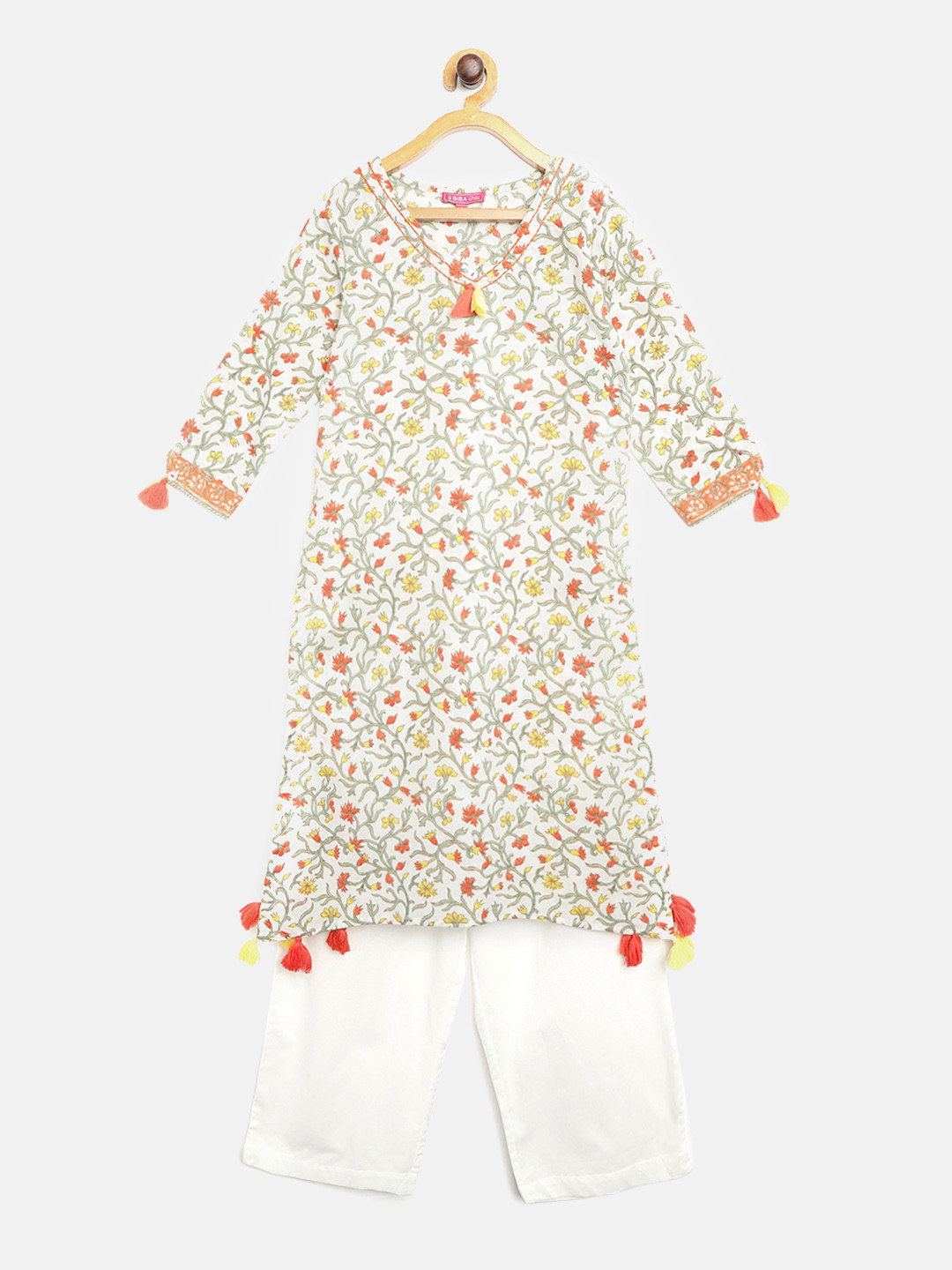 Biba Girls White & Olive Green Ethnic Print Kurta with Solid Palazzos