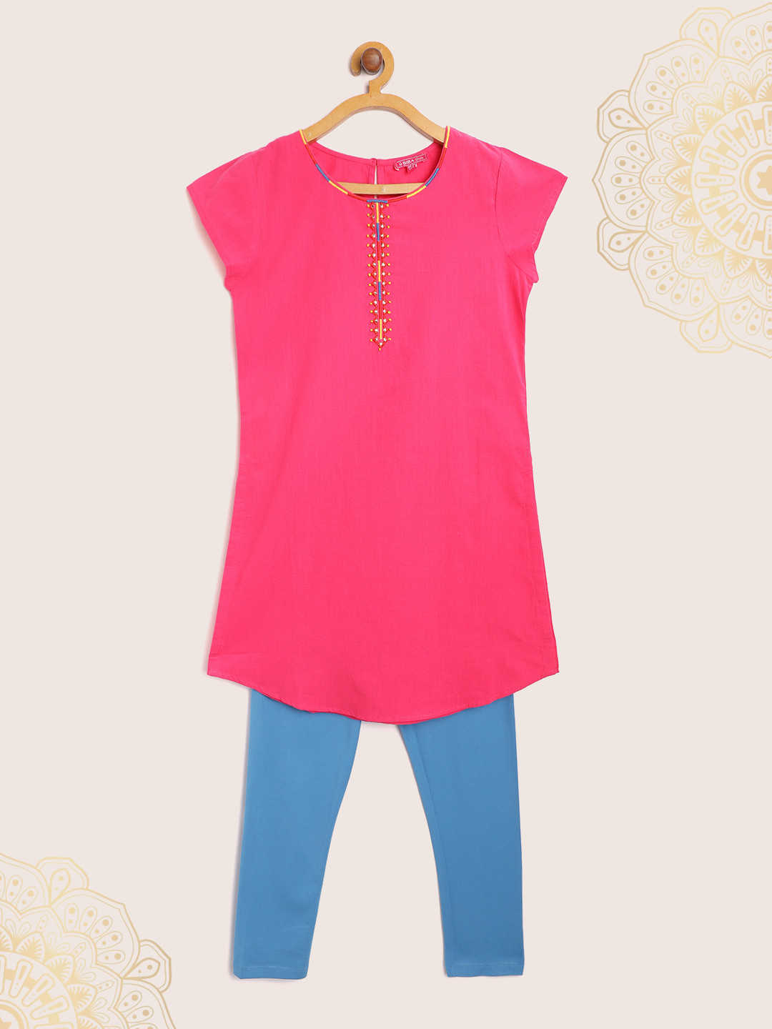 Biba Girls Pink & Blue Solid Kurta with Leggings