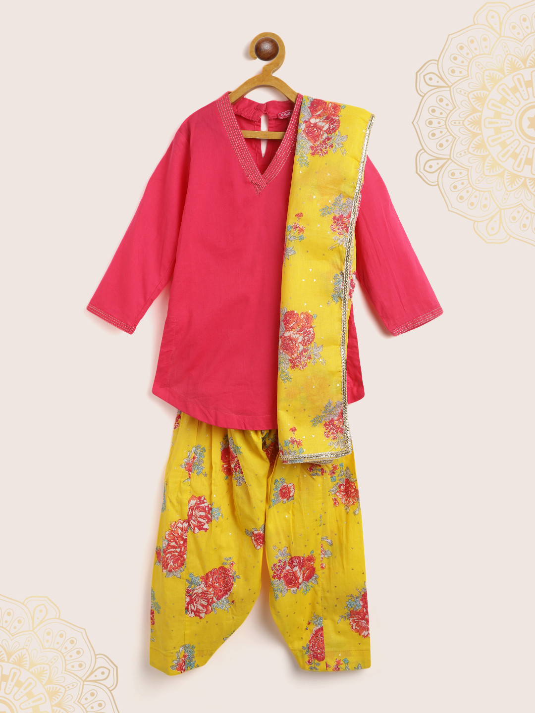 Biba Girls Pink & Yellow Floral Print Pure Cotton Kurta with Salwar & Dupatta