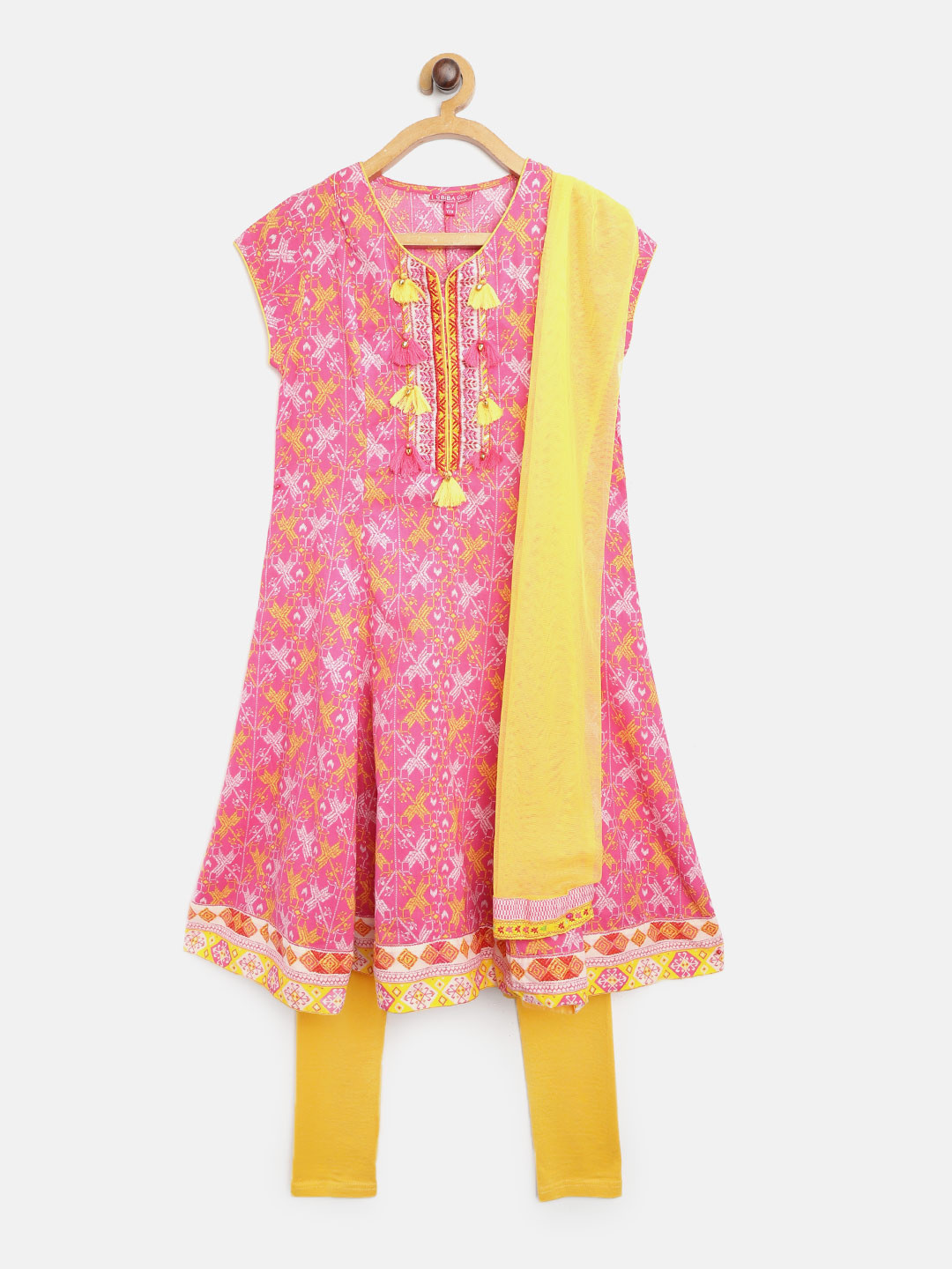 Biba Girls Pink Printed Kurta with Mustard Yellow Churidar & Dupatta