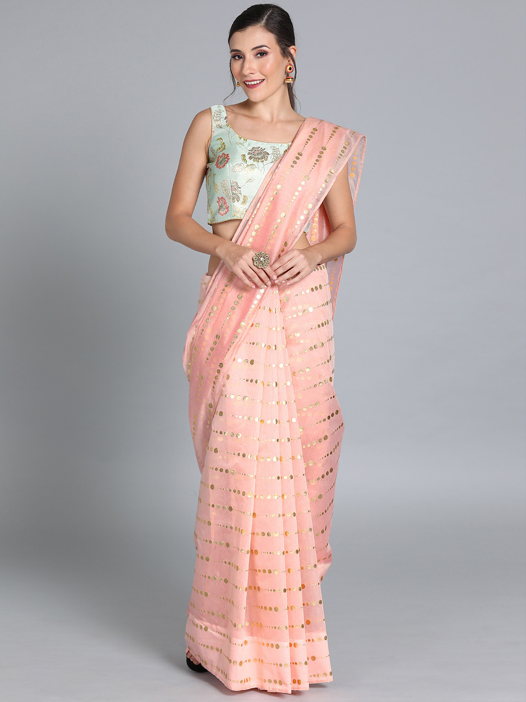 Ethnovog Pink  Gold-Toned Cotton Blend Printed Saree With Blouse