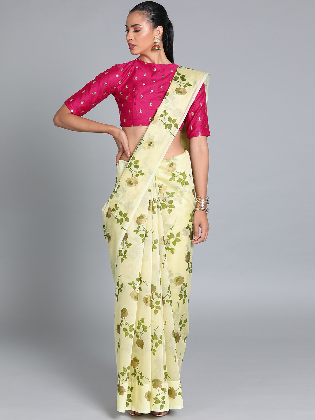 Ethnovog Cream-Coloured  Pink Printed Banarasi Saree