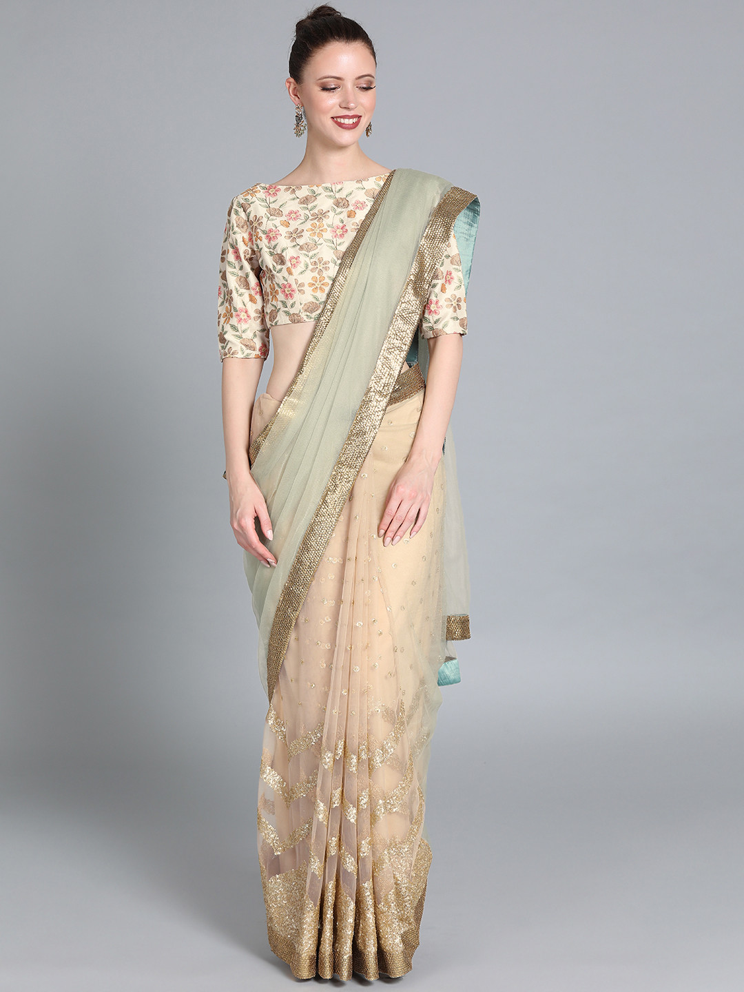 Ethnovog Beige Embellished Net Saree With Stitched Blouse
