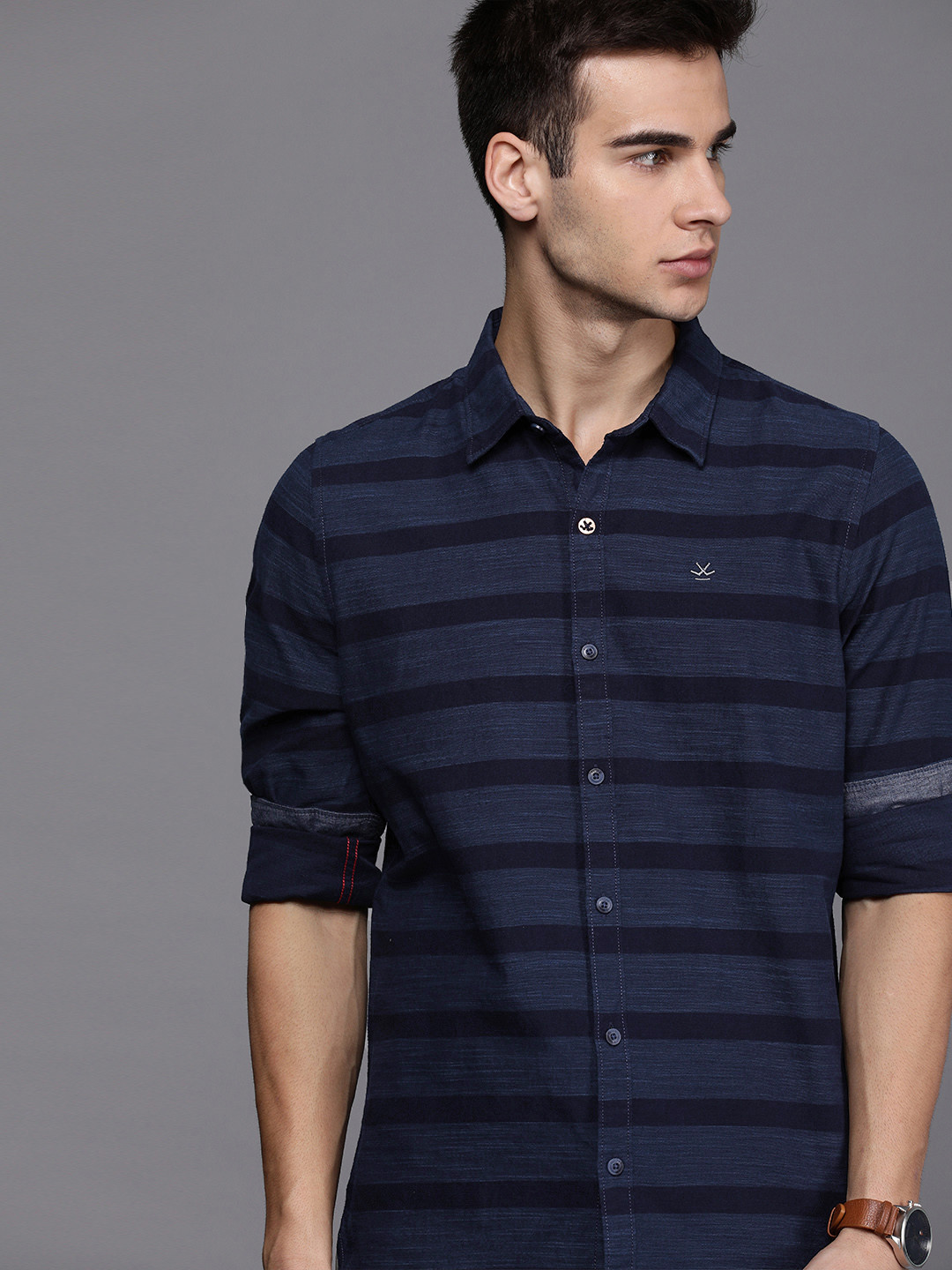 WROGN Men Navy Blue Slim Fit Striped Casual Shirt