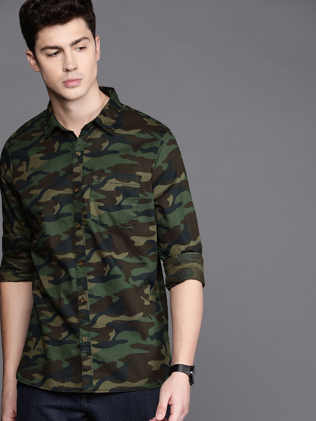 Buy WROGN Men Green \u0026 Brown Slim Fit 
