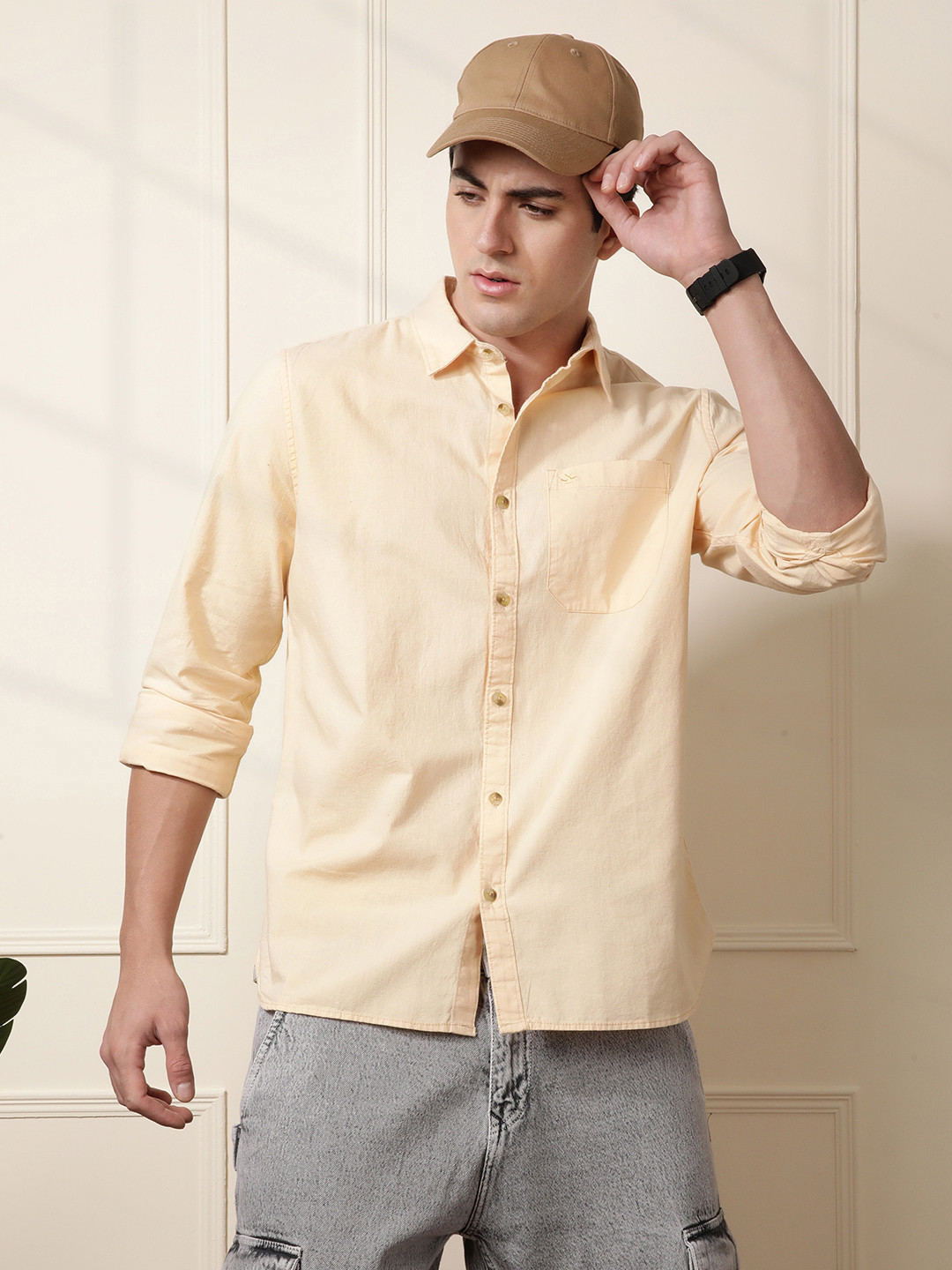WROGN Men Beige Slim Fit Solid Casual Shirt