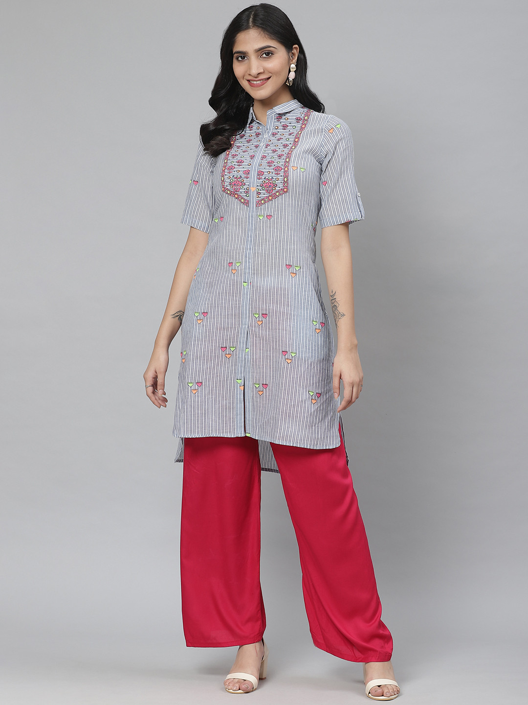 Rangriti Women Off-White & Blue Striped Straight High-Low Hem Kurta