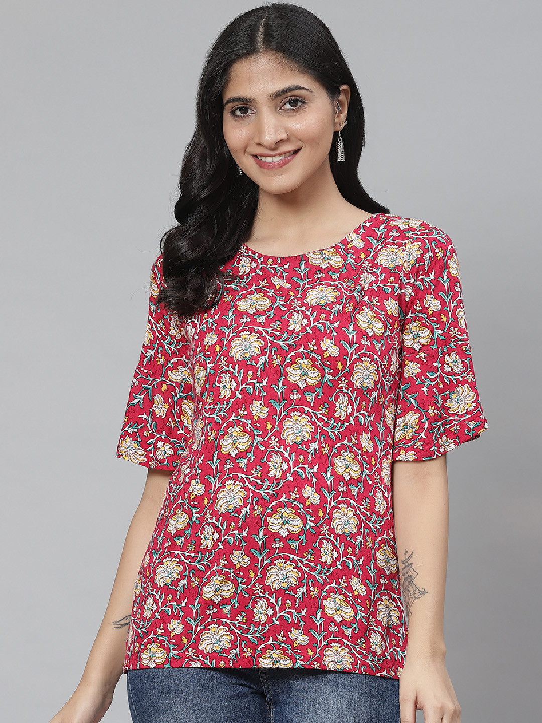Rangriti Women Red & Off-White Printed Top