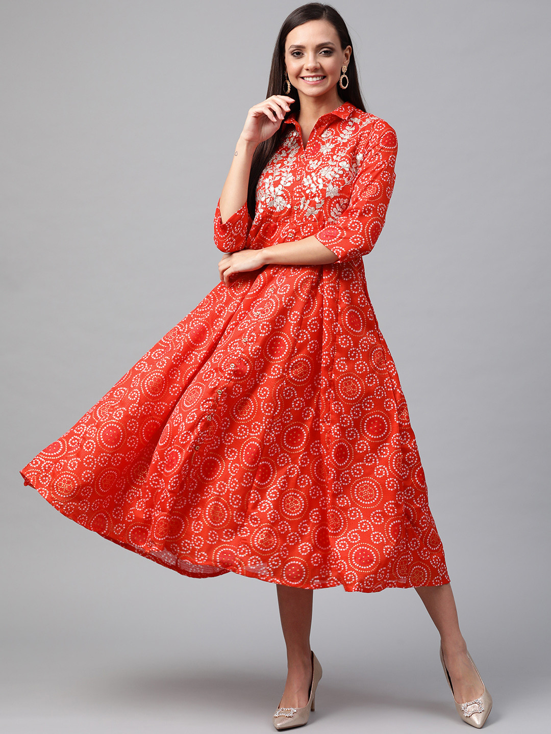 Rangriti Women Orange & White Printed Maxi Dress