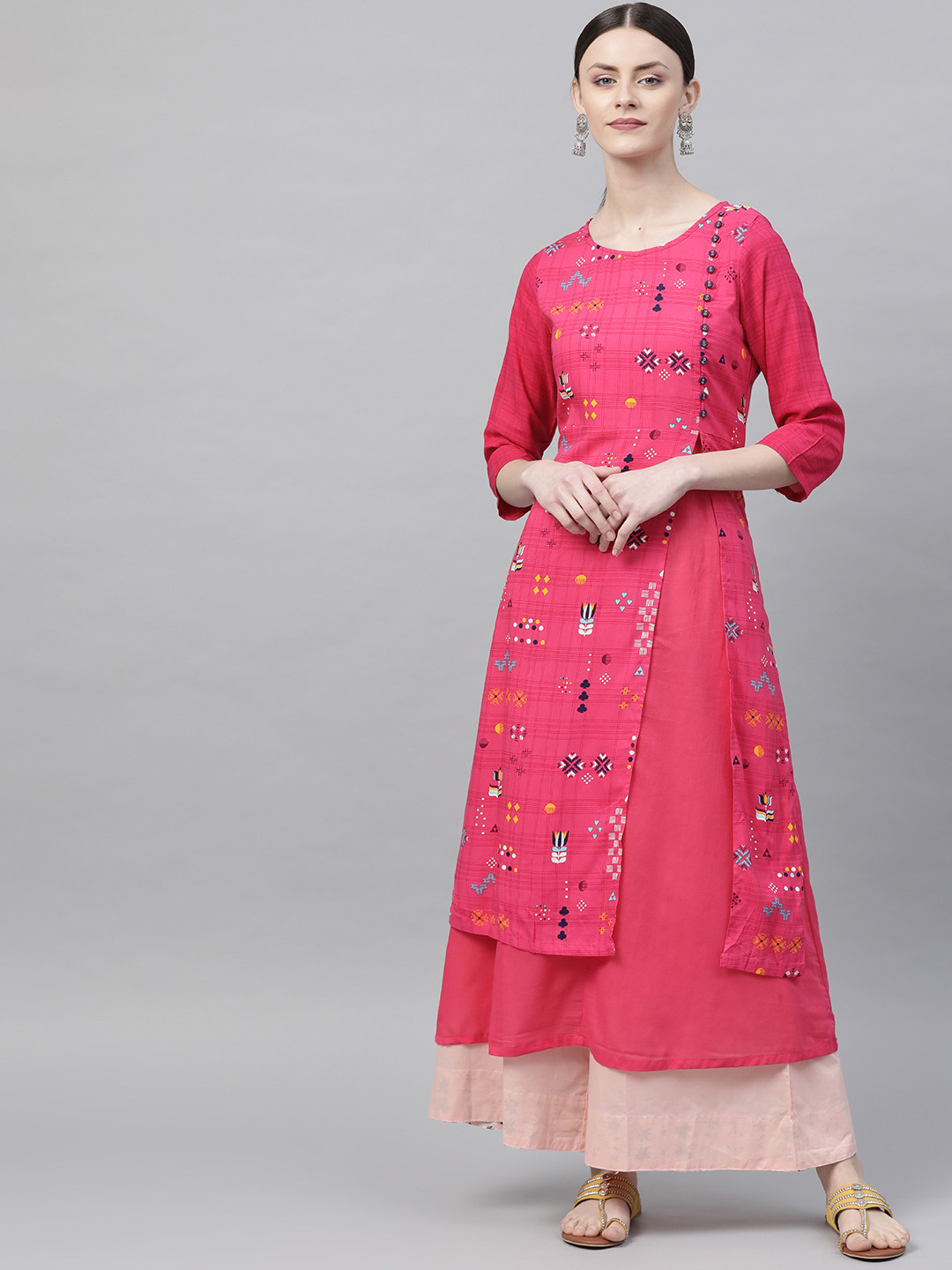 Rangriti Women Pink & Blue Printed Layered A-Line Kurta