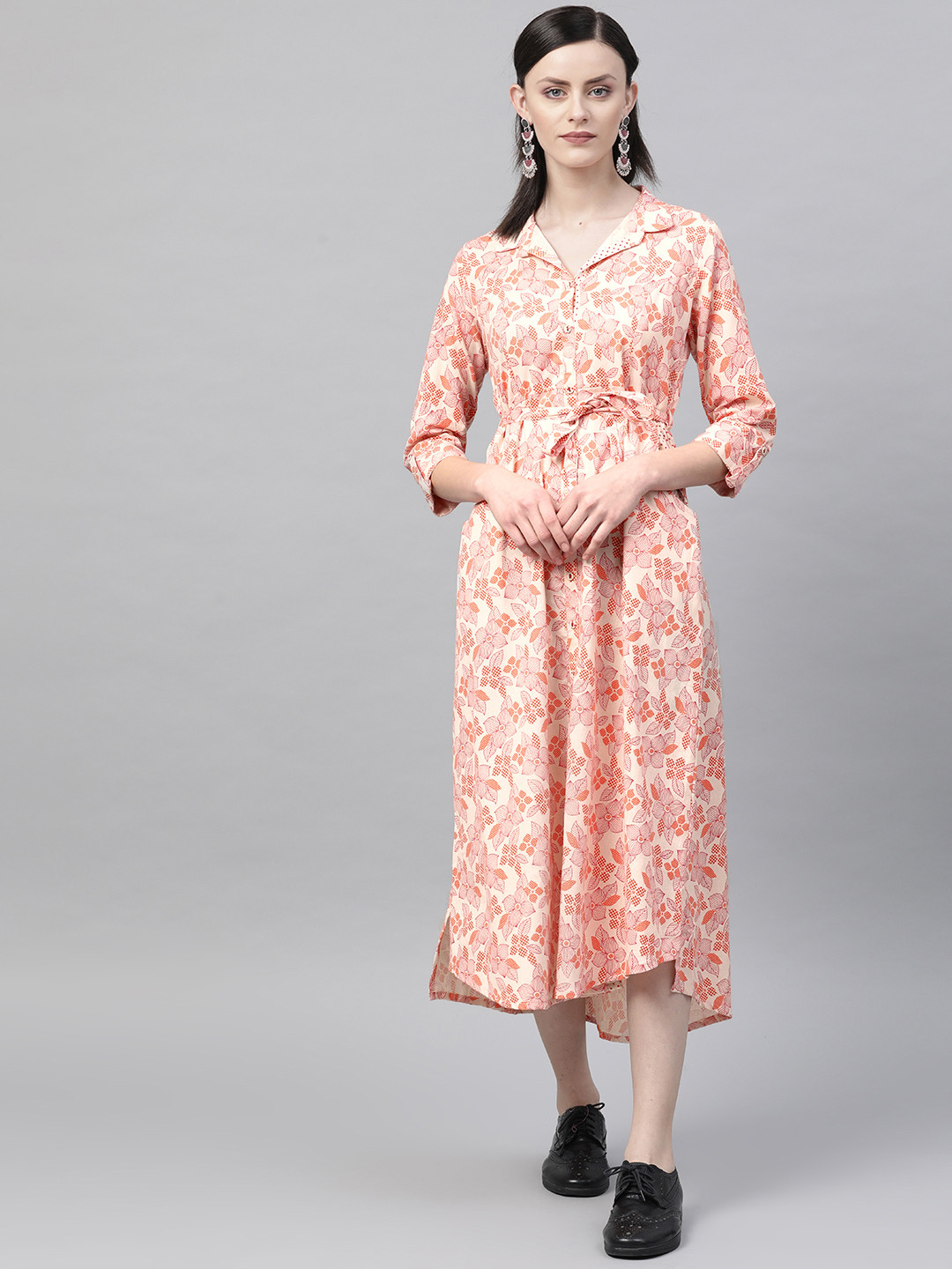Rangriti Women Cream-Coloured & Orange Floral Print Shirt Dress