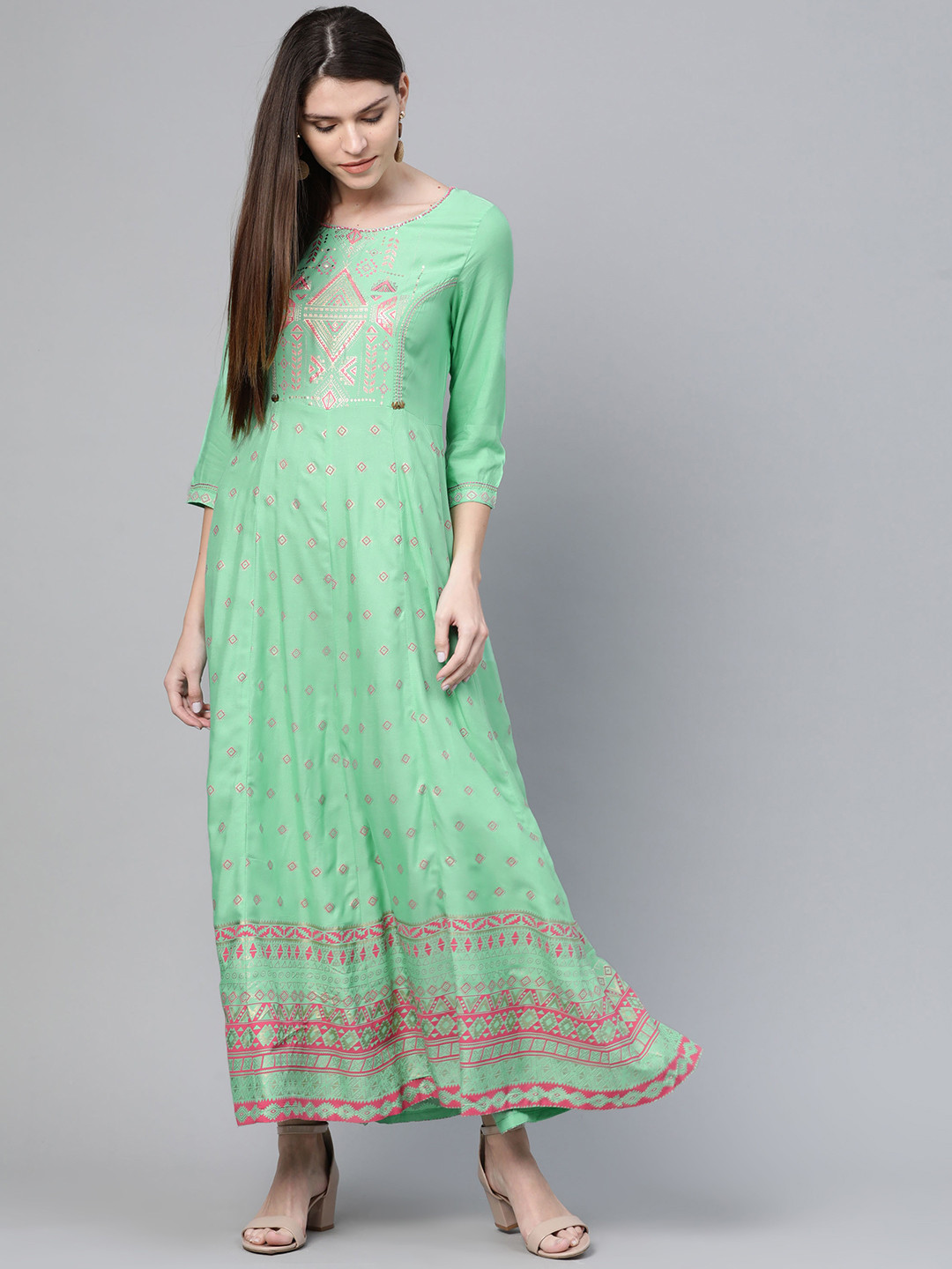Rangriti Women Green & Pink Printed Maxi Ethnic Dress