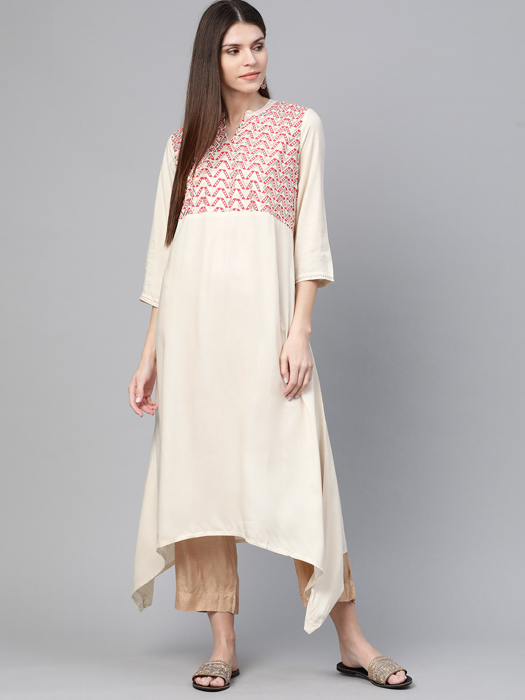 Rangriti Women Cream-Coloured & Red Yoke Design A-Line Asymmetric Kurta