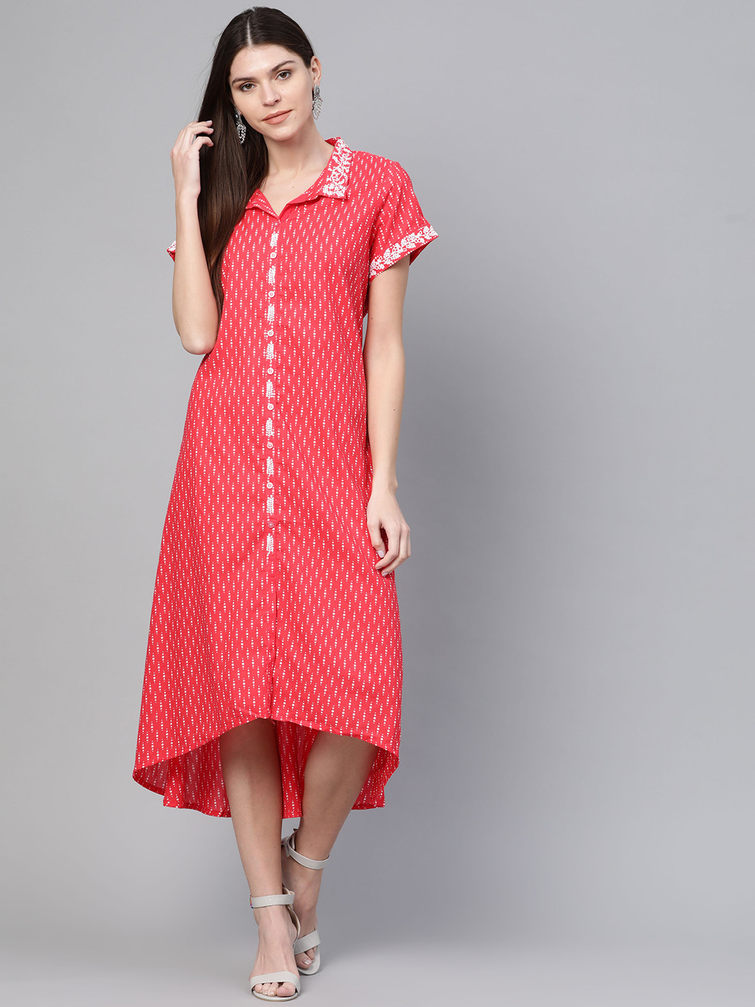 Rangriti Women Red & White Printed Shirt Dress