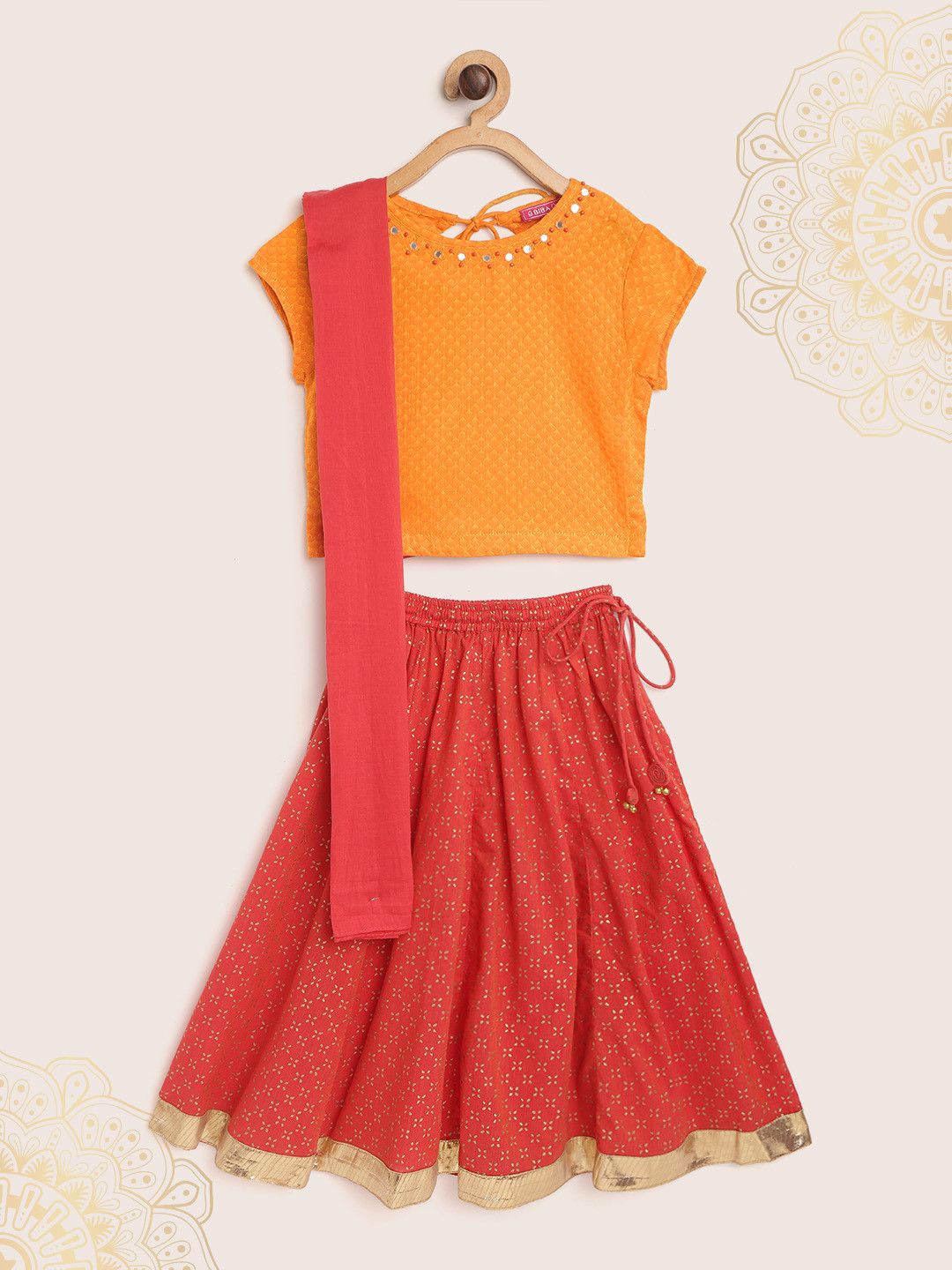 Biba Girls Mustard Yellow & Red Printed Ready to Wear Lehenga & Blouse with Dupatta