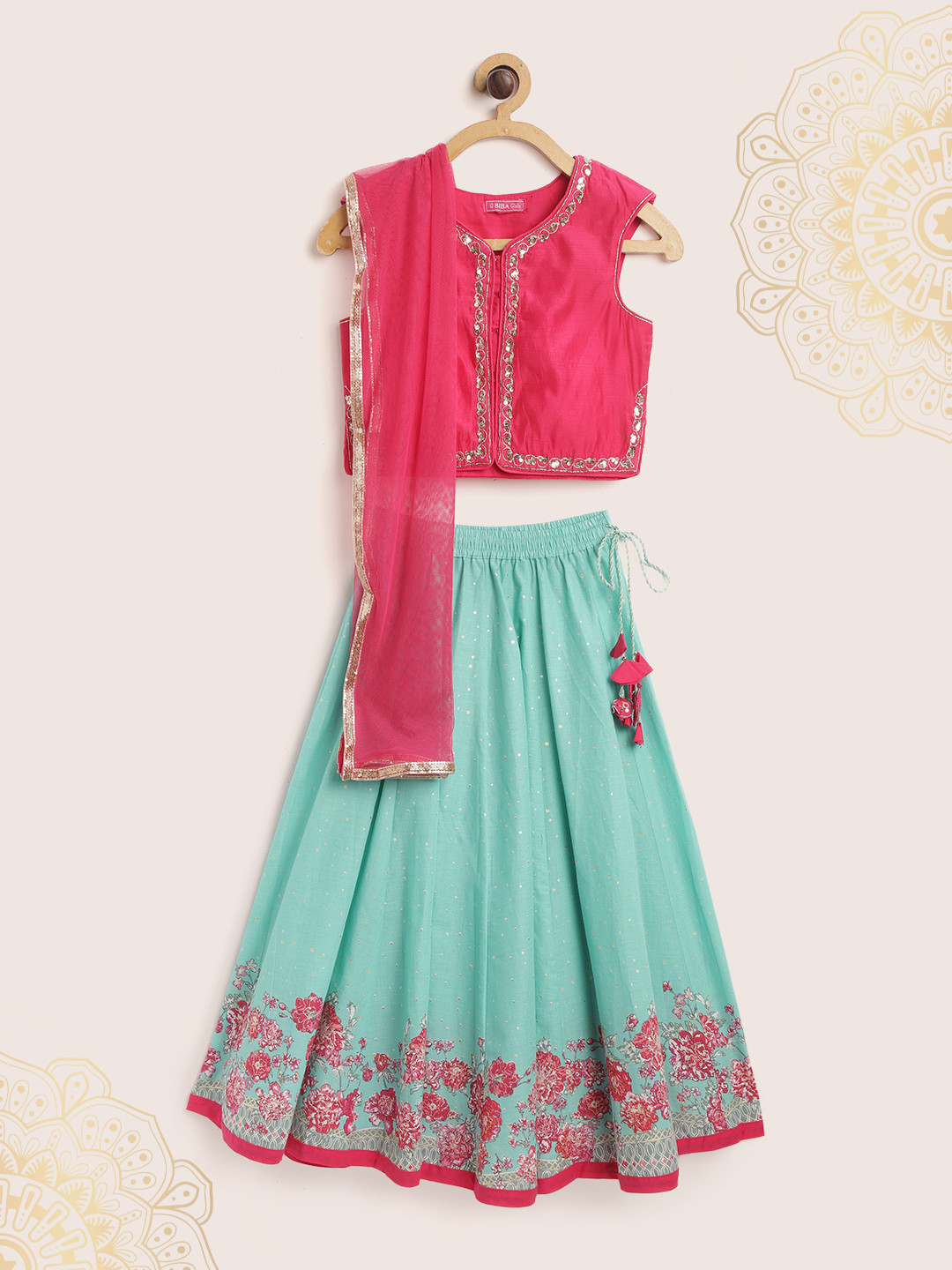 Biba Girls Sea Green & Pink Floral Print Ready to Wear Lehenga, Blouse & Dupatta