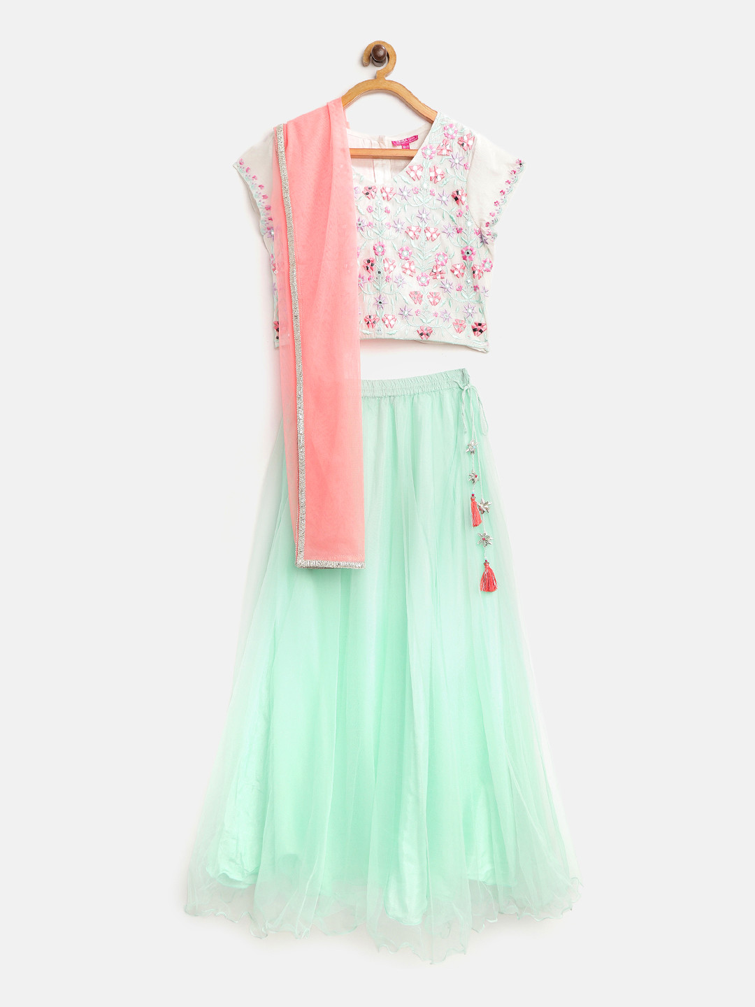 Biba Girls Sea Green & White Embroidered Ready to Wear Lehenga & Blouse with Dupatta