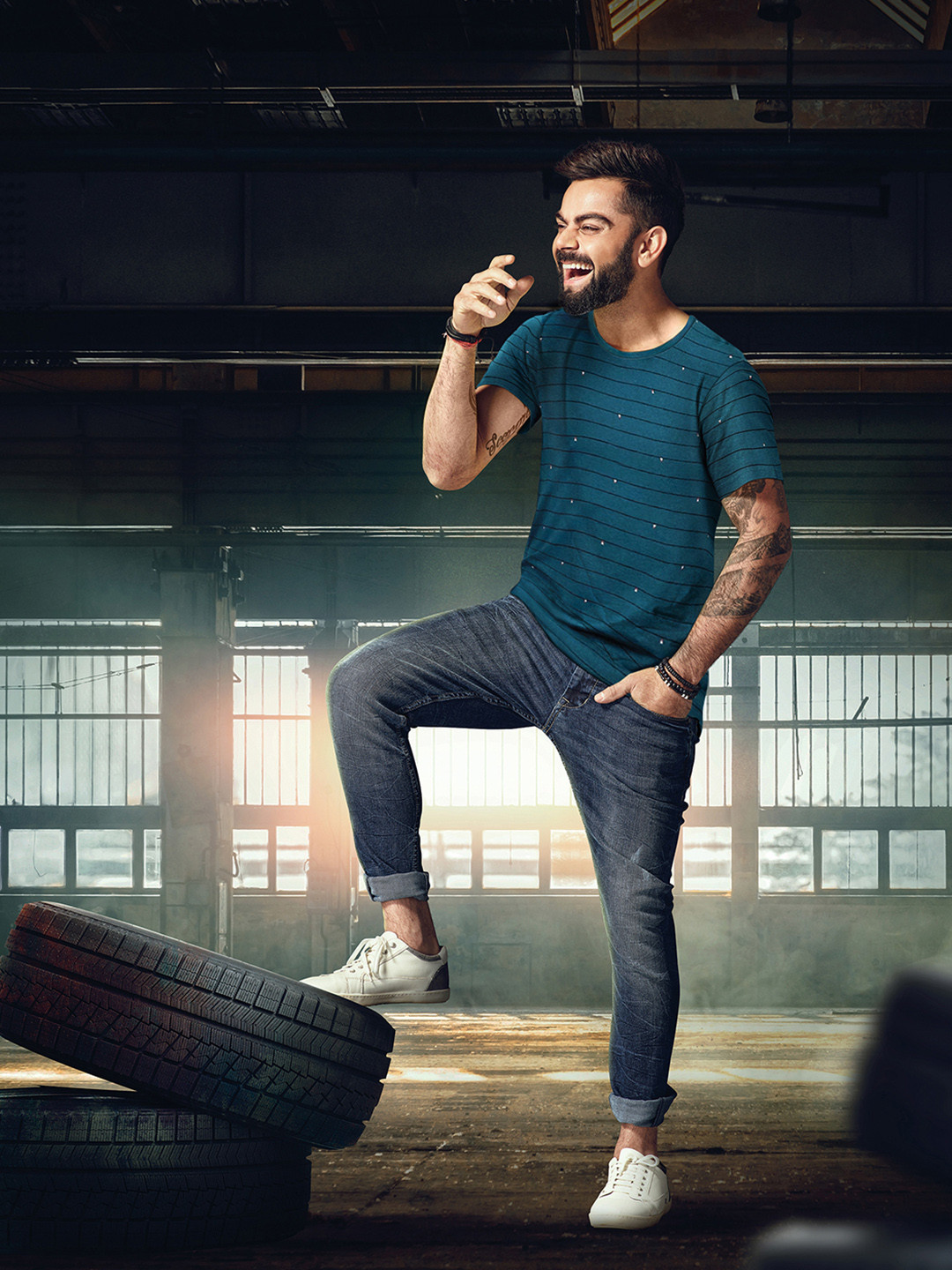 WROGN Men Teal Blue  Black Slim Fit Striped Round Neck  Cotton T-shirt