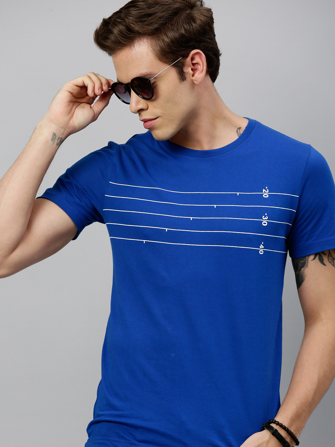WROGN Men Blue & White Striped Round Neck T-shirt